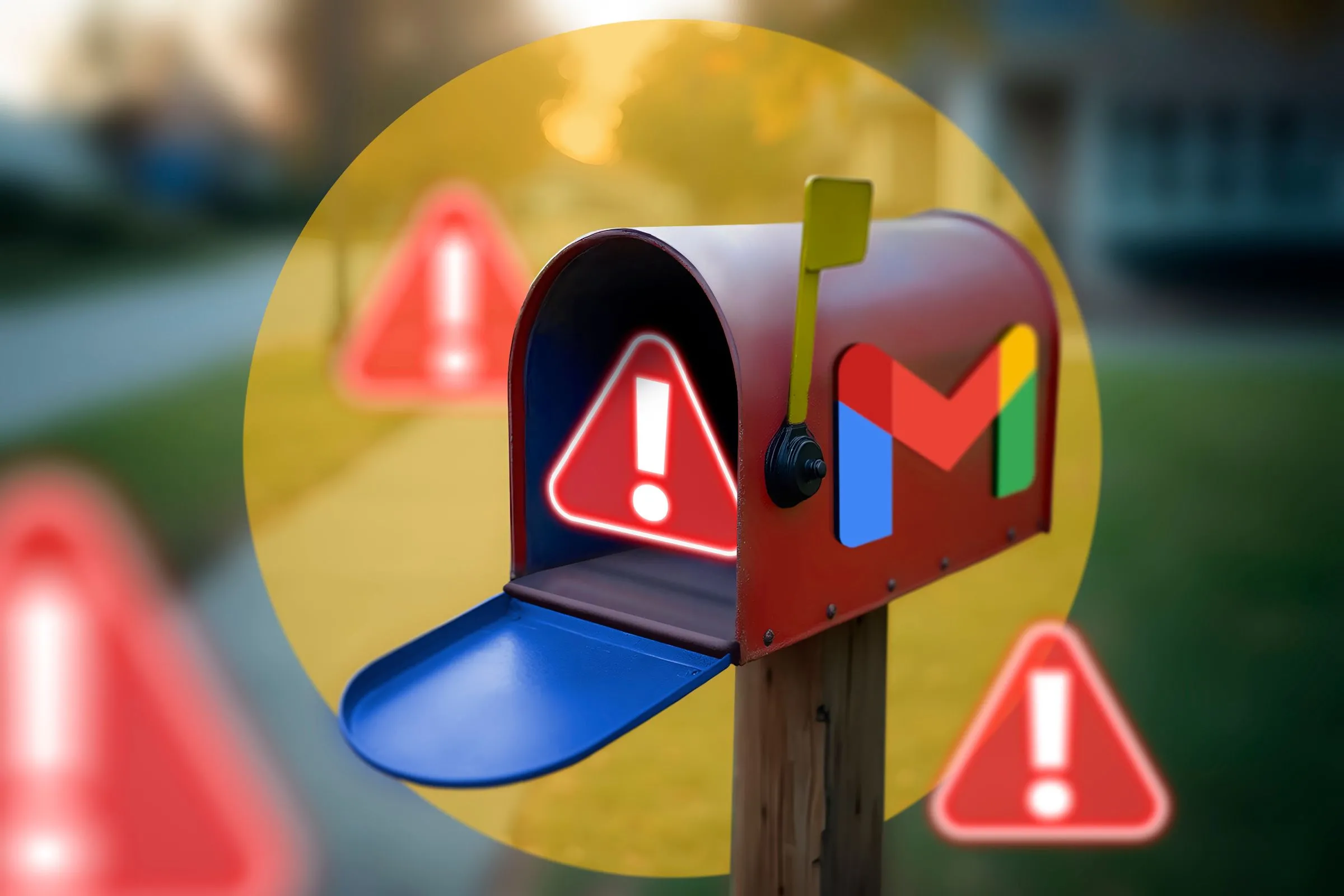 Hộp thư đến Gmail với logo Gmail và biểu tượng cảnh báo, gợi ý các vấn đề hoặc tính năng quản lý email như lọc thư rác.