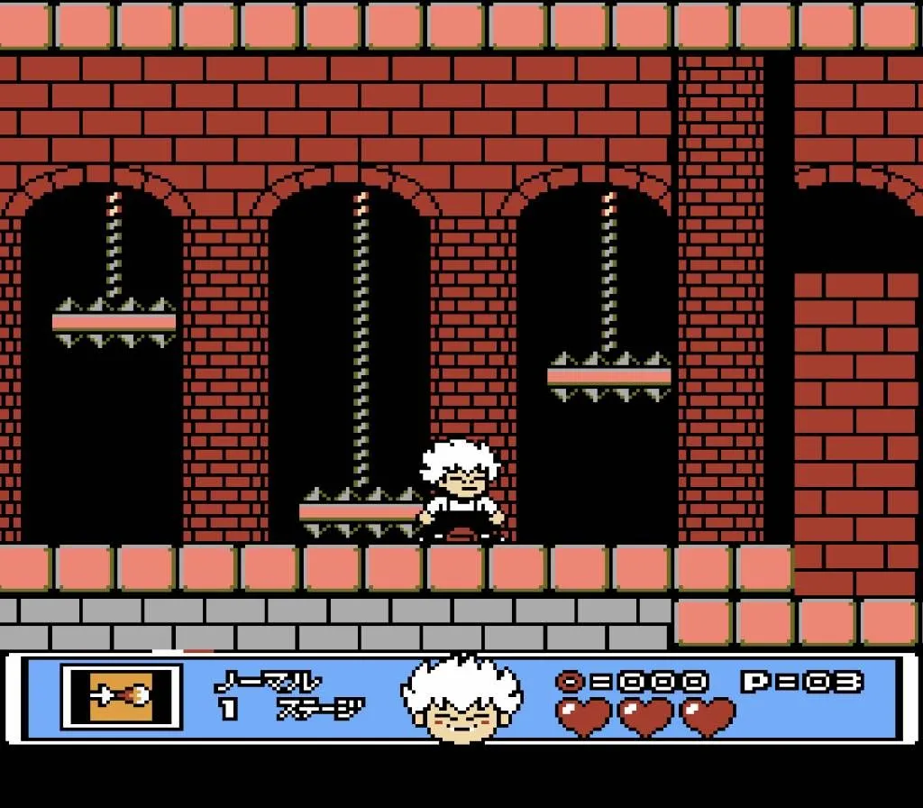 Kid Dracula đối đầu với một con trùm trong game platformer của Konami