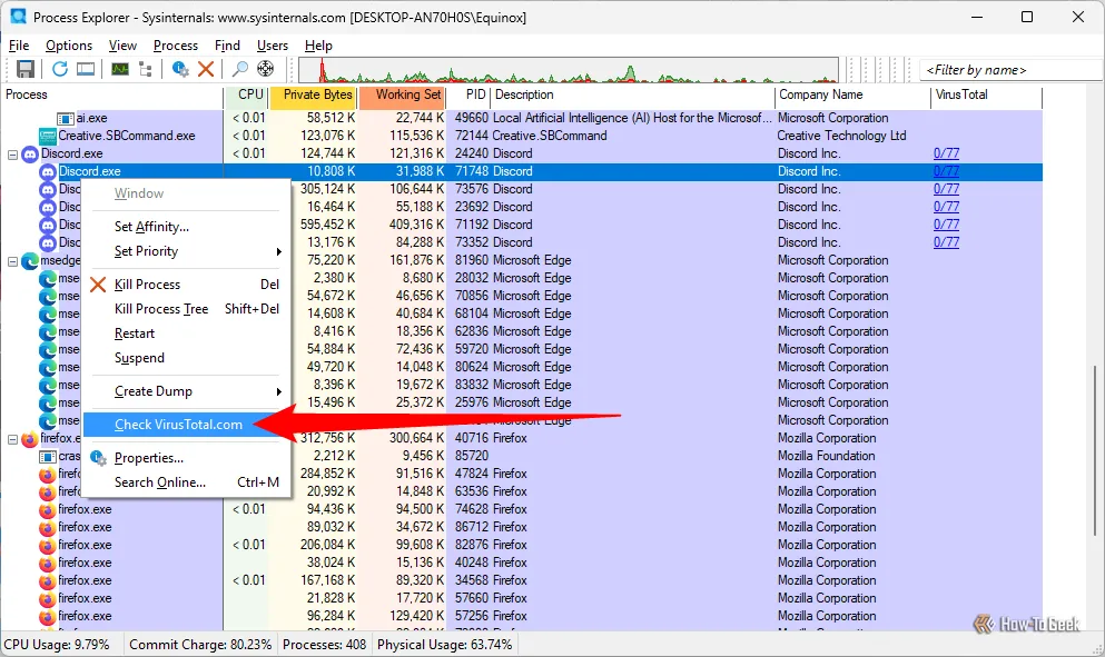 Kiểm tra một tiến trình bất kỳ với VirusTotal.com ngay từ giao diện Process Explorer