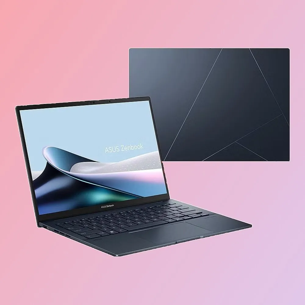 Laptop ASUS Zenbook 14 OLED màu xanh đen với thiết kế mỏng và màn hình sắc nét.