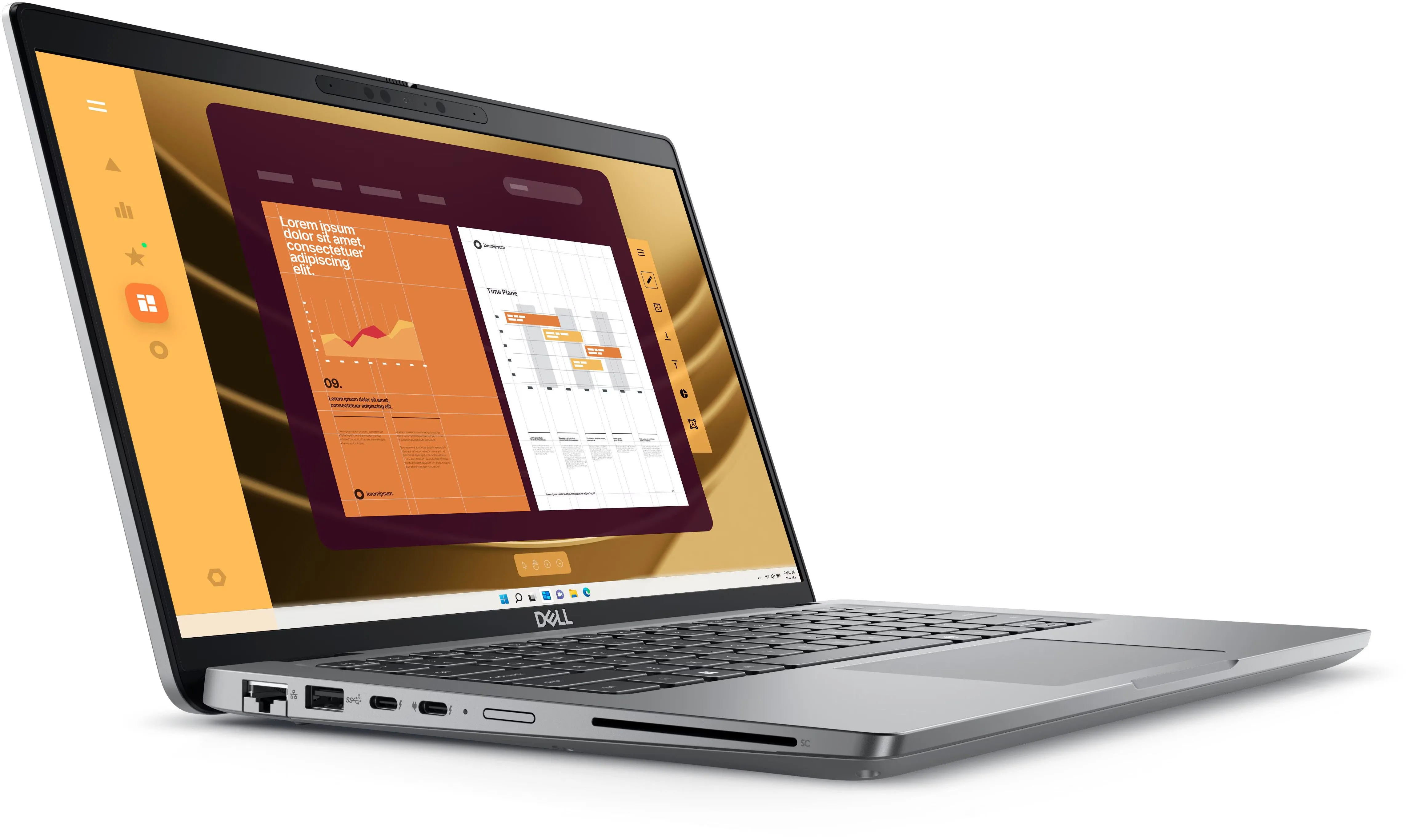 Laptop Dell Latitude 5450 mở ra, cho thấy bàn phím và màn hình.