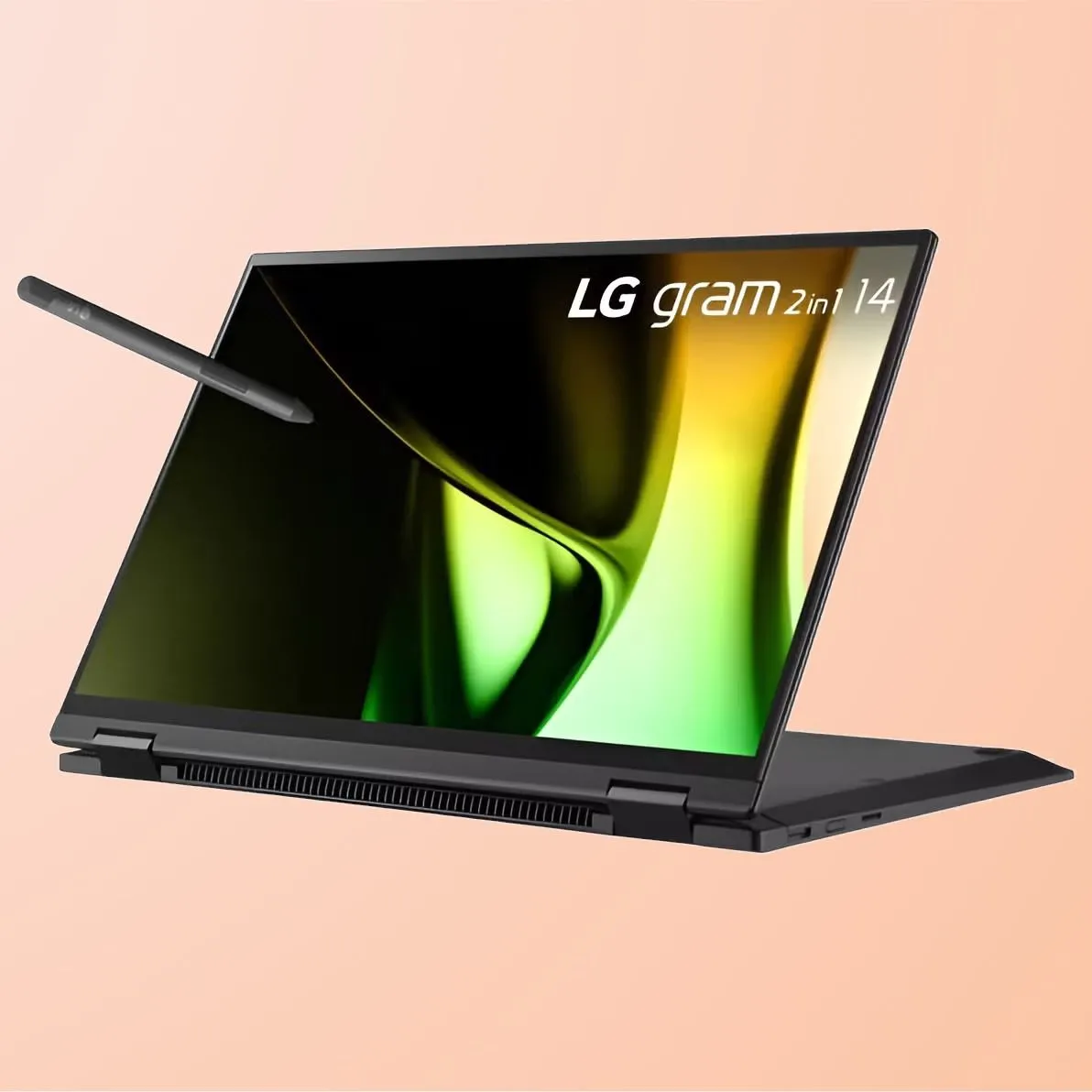 Laptop LG gram 14 inch 2-in-1 Lightweight màu đen với thiết kế mỏng và màn hình cảm ứng.