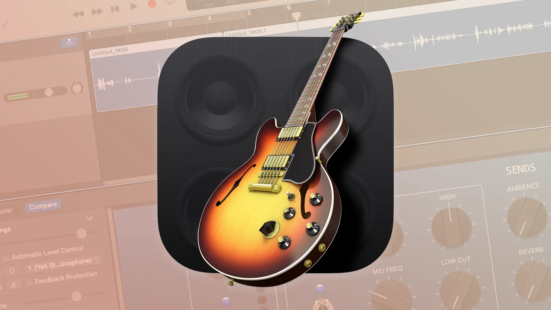 Logo ứng dụng GarageBand của Apple, biểu tượng guitar điện và trống.