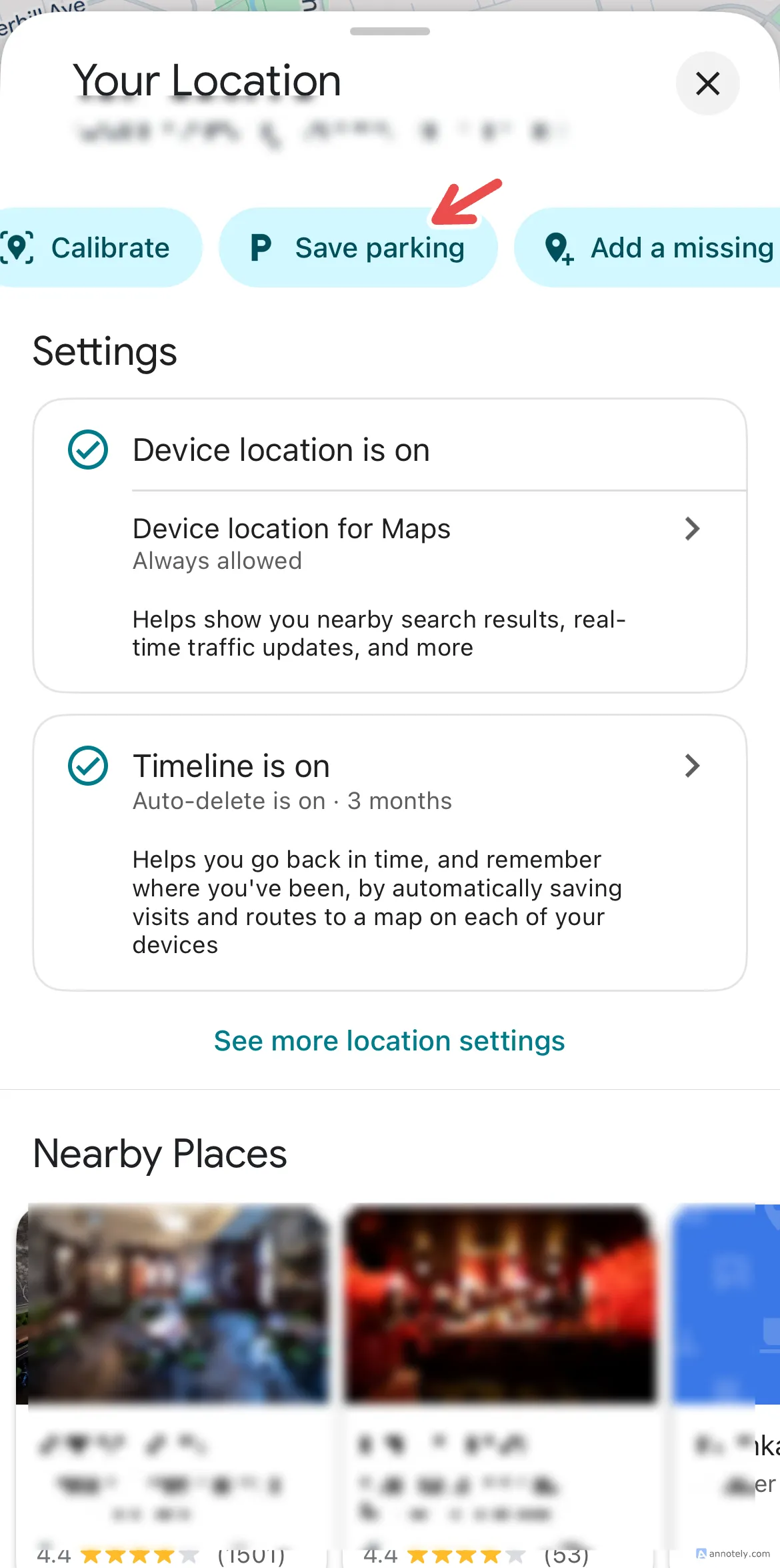 Lưu vị trí đỗ xe trên Google Maps bằng cách chạm vào dấu chấm xanh.