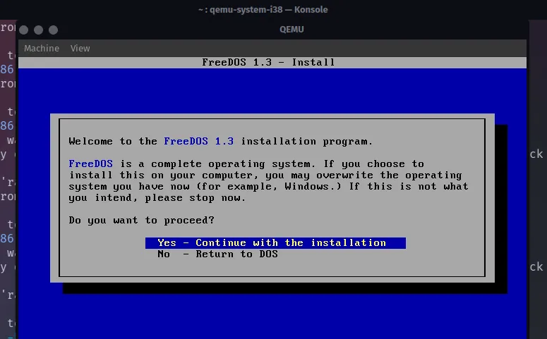 Màn hình cài đặt FreeDOS trong một phiên QEMU
