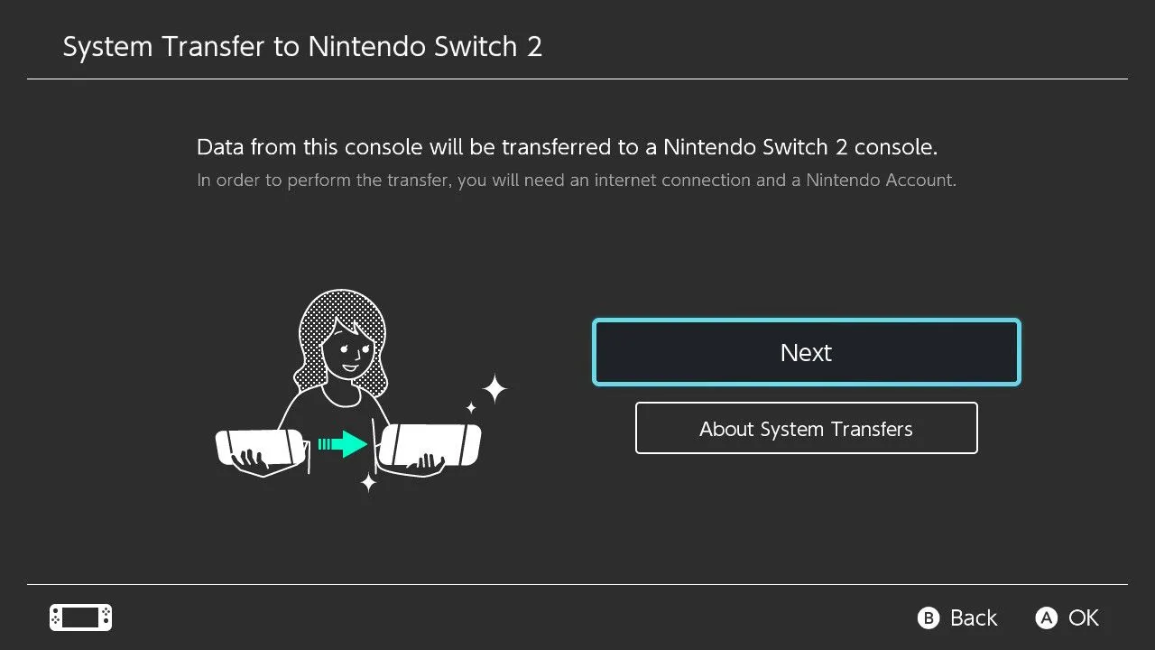 Màn hình &quot;Chuyển hệ thống sang Nintendo Switch 2&quot; trên máy Switch cũ, chuẩn bị cho việc di chuyển dữ liệu