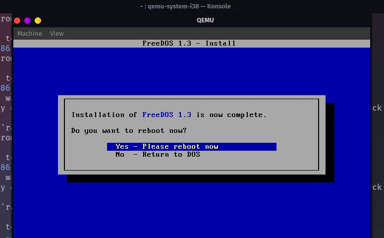 Màn hình hoàn tất quá trình cài đặt FreeDOS trong QEMU