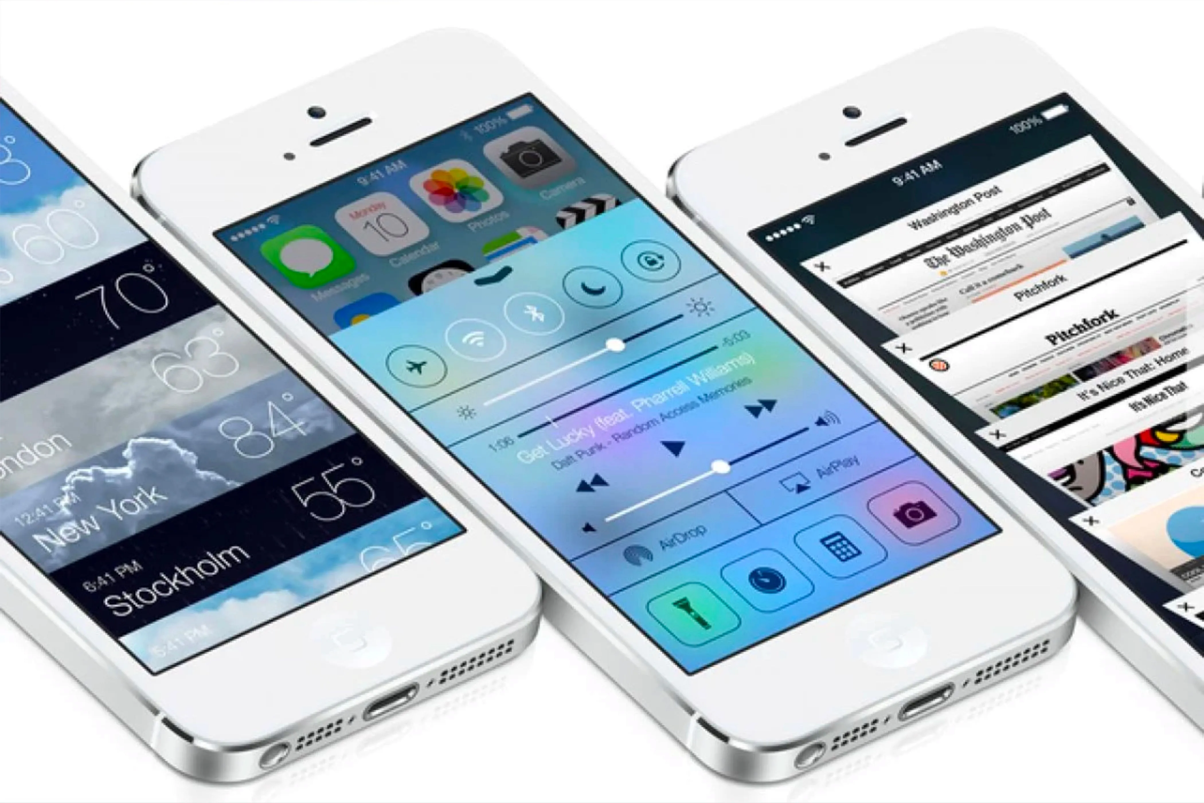 Màn hình iPhone hiển thị ứng dụng Thời tiết, Safari và Control Center trên iOS 7