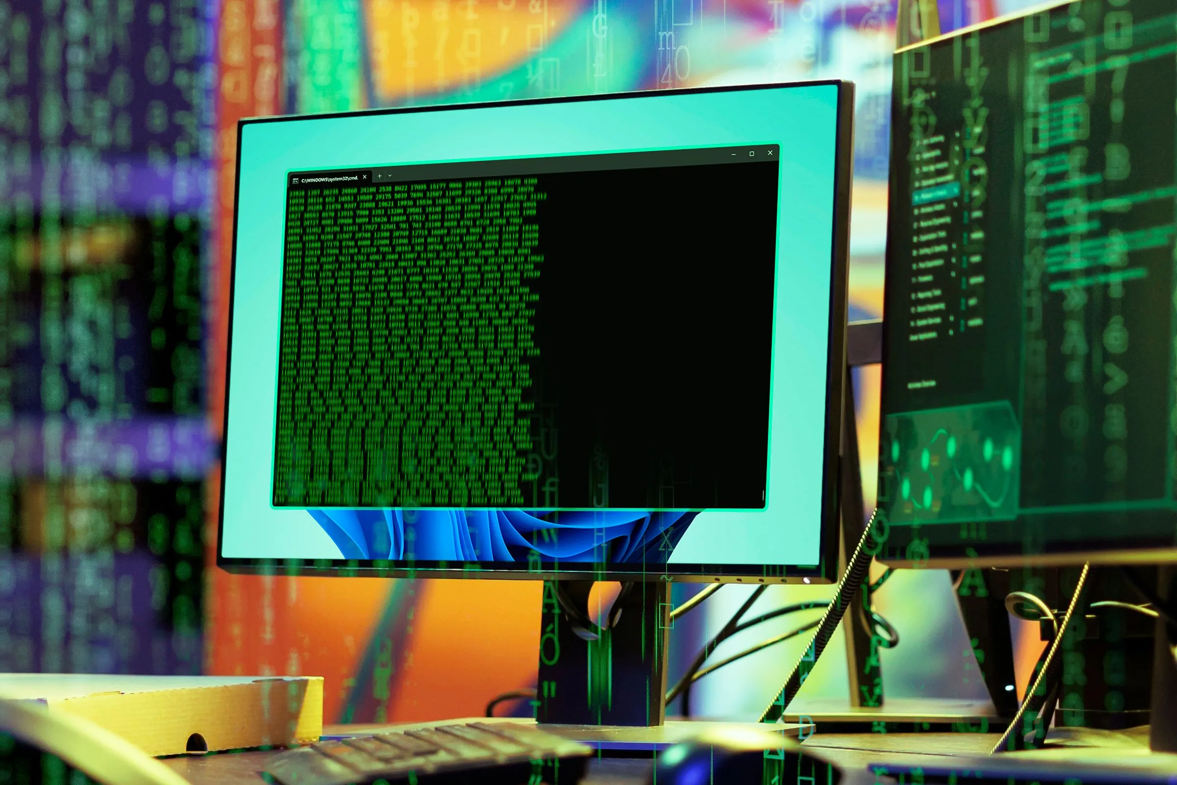 Màn hình máy tính hiển thị giao diện Windows Terminal với các dòng mã lệnh, tượng trưng cho việc kiểm tra mã nguồn và giám sát hành vi phần mềm để phát hiện bom logic.