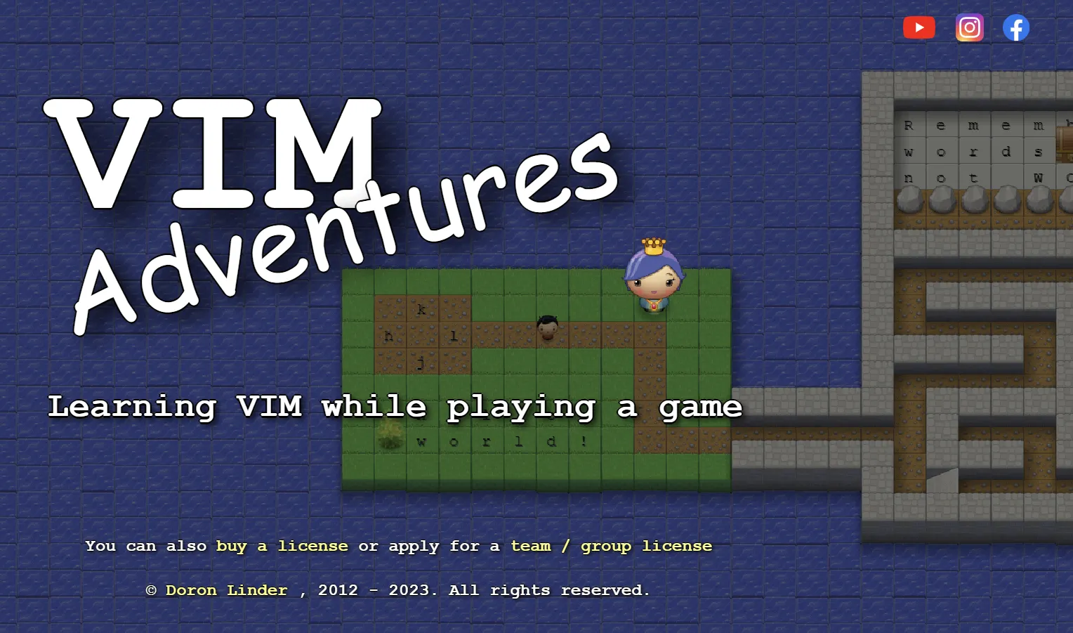 Màn hình mở đầu game Vim Adventures với nhân vật đang di chuyển trong mê cung, minh họa cách học Vim qua trò chơi.