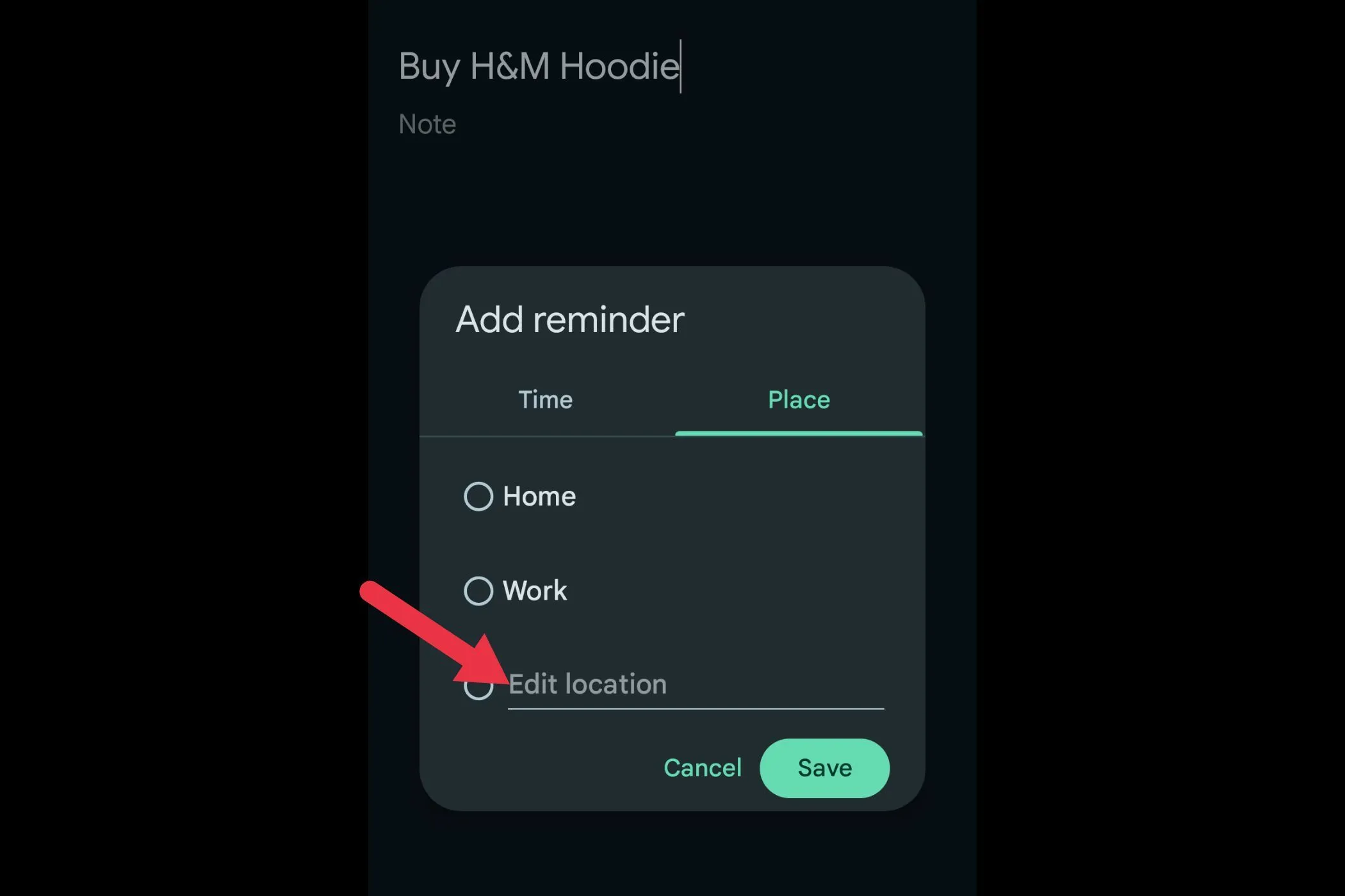 Màn hình nhập địa điểm để thiết lập nhắc nhở dựa trên vị trí trong Google Keep