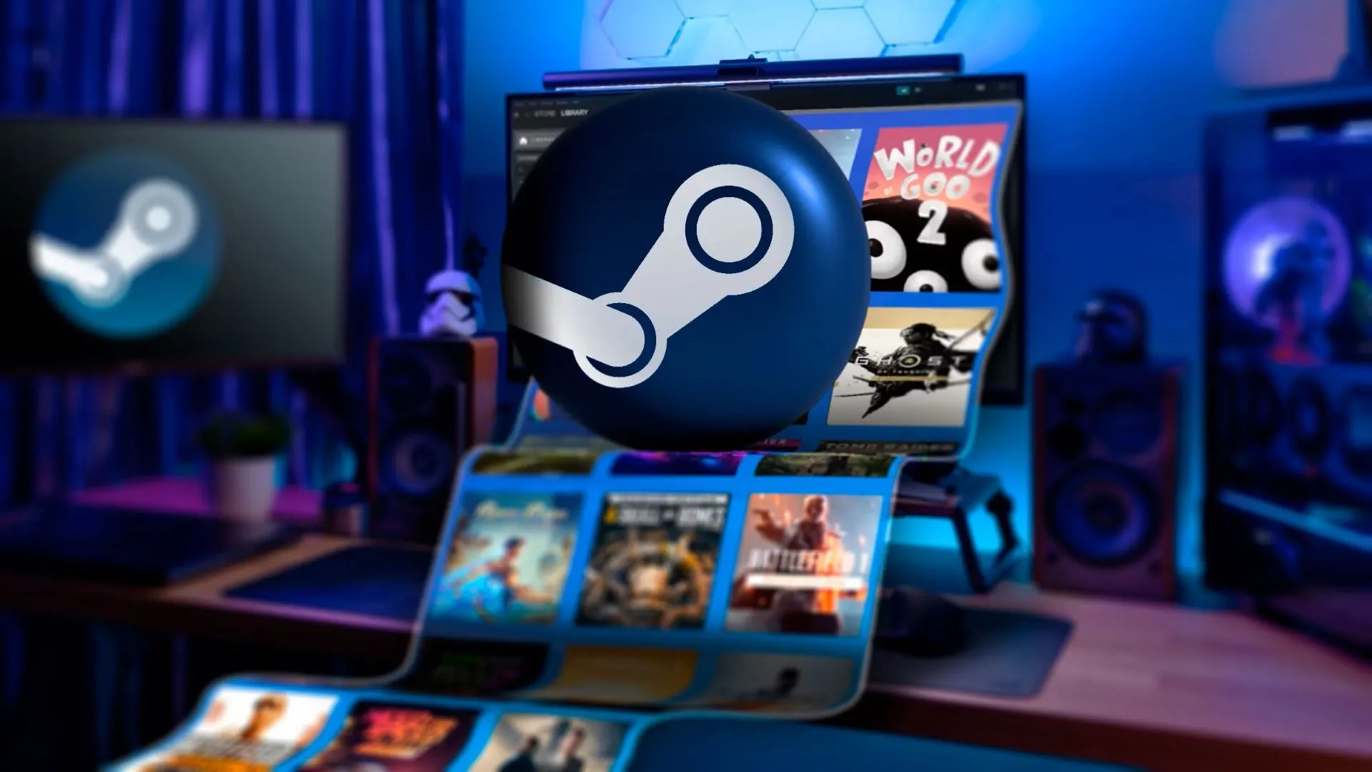 Màn hình PC gaming hiển thị logo Steam cùng biểu tượng nhiều game, đại diện cho thị trường game PC kỹ thuật số hiện tại