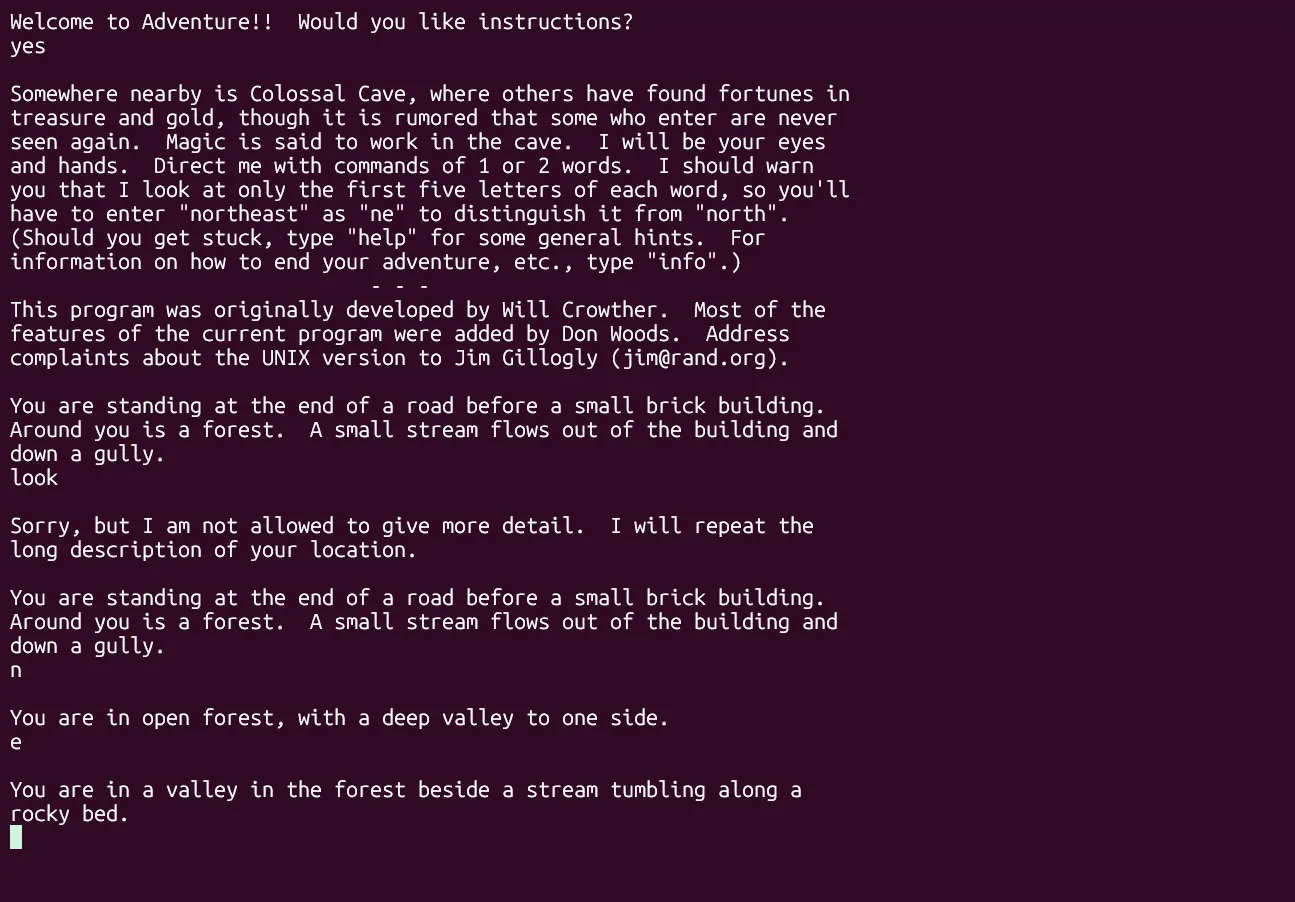 Màn hình trò chơi phiêu lưu văn bản Adventure trên terminal Linux
