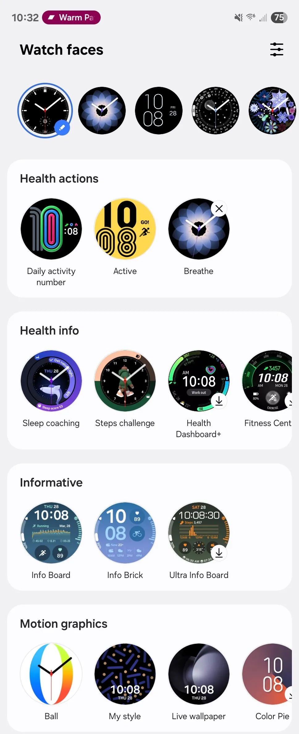 Màn hình tùy chọn mặt đồng hồ trên Galaxy Watch 6, cho phép người dùng chọn các kiểu mặt khác nhau và thêm tiện ích (complications) như tính năng tập thở nhanh.
