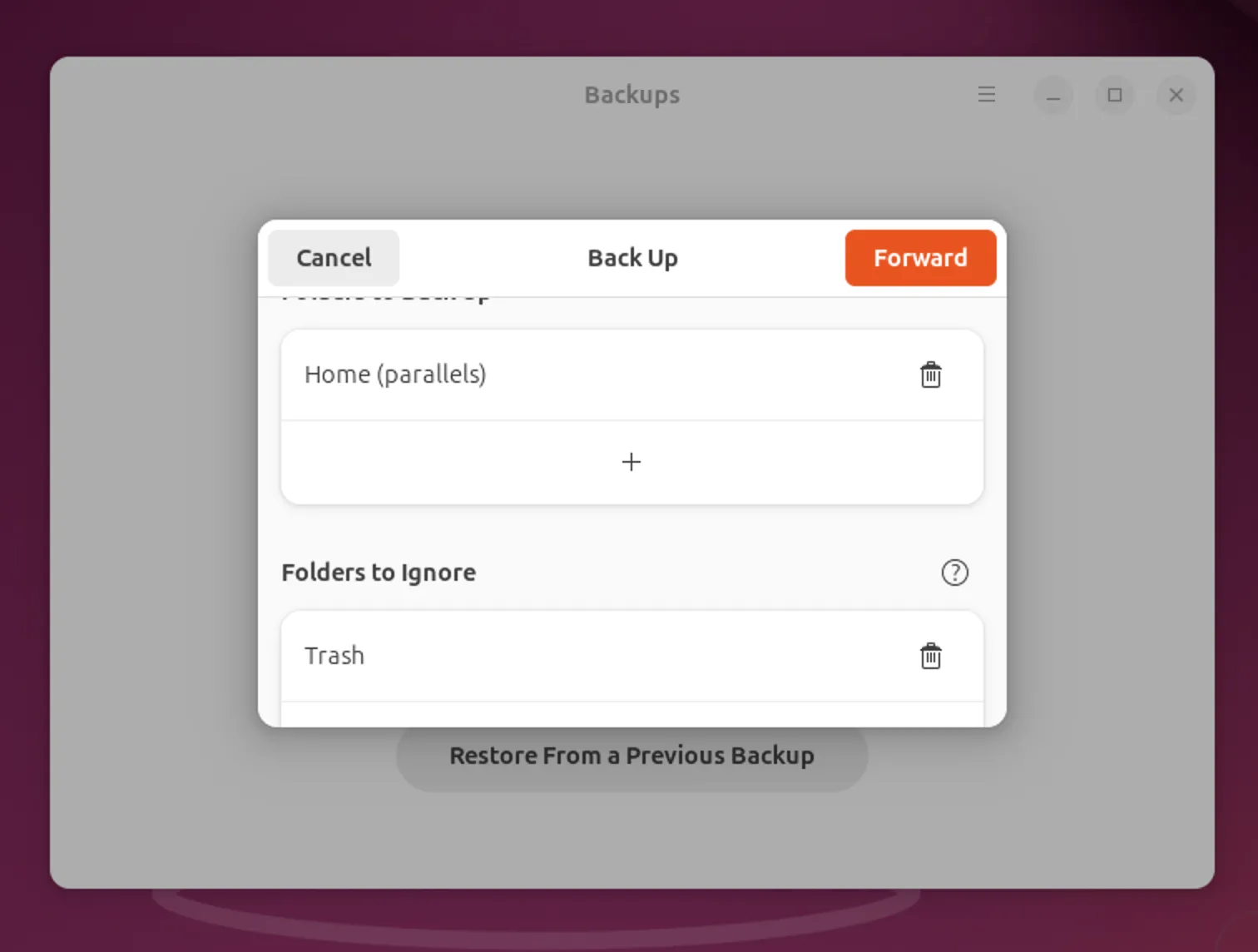 Màn hình tùy chọn thư mục bao gồm và loại trừ trong sao lưu Ubuntu Deja Dup