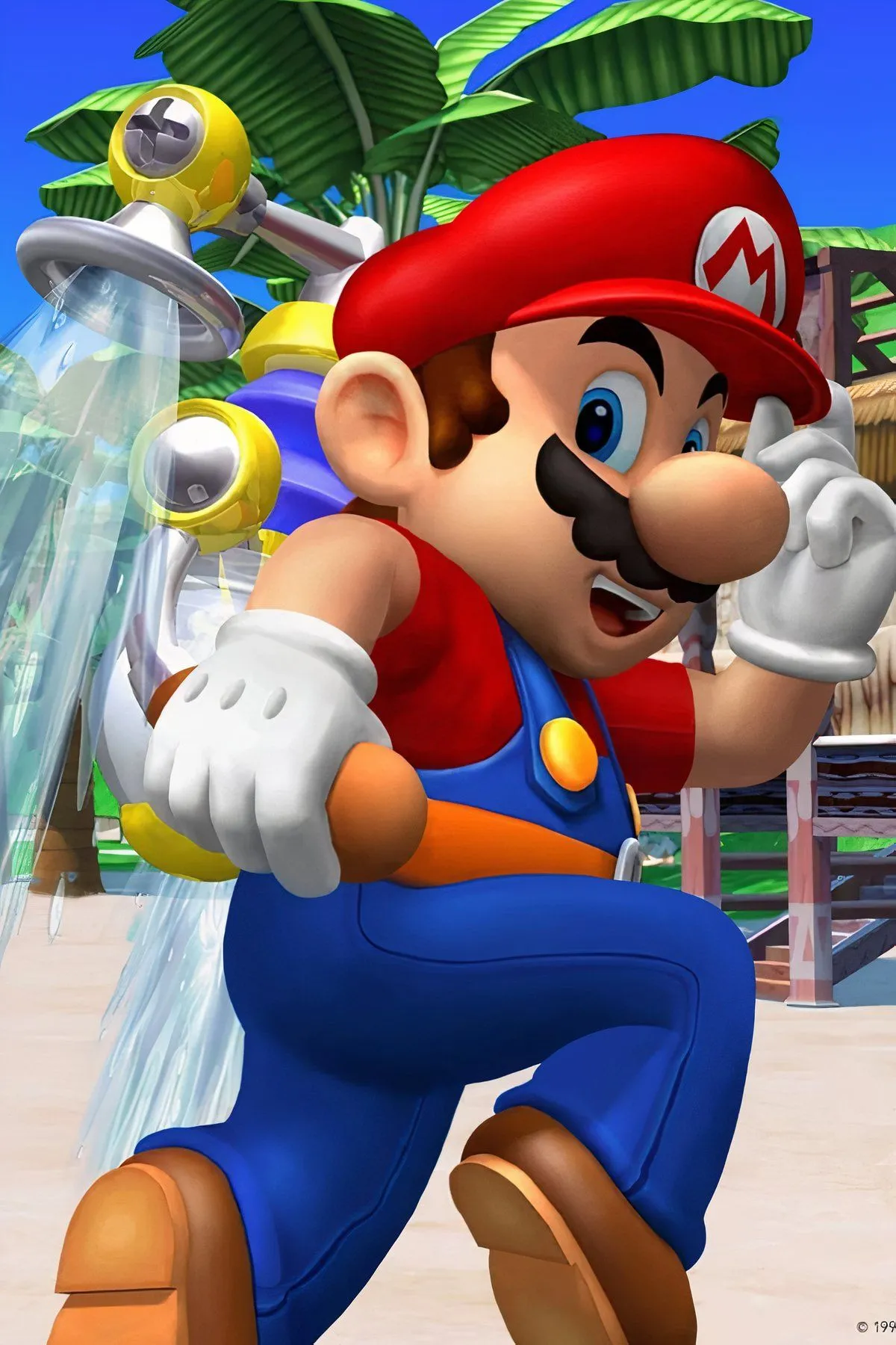 Mario trên bãi biển của Isle Delfino trong Super Mario Sunshine, sẵn sàng cho cuộc phiêu lưu dưới ánh nắng mặt trời.