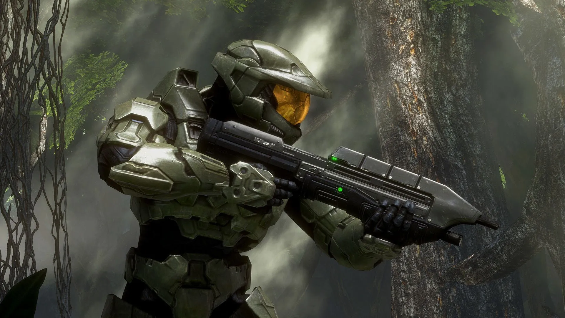 Master Chief cầm súng trong khung cảnh hoành tráng của chiến dịch chơi đơn trong Halo 3, minh họa cho nội dung cốt truyện chất lượng của game bắn súng multiplayer.