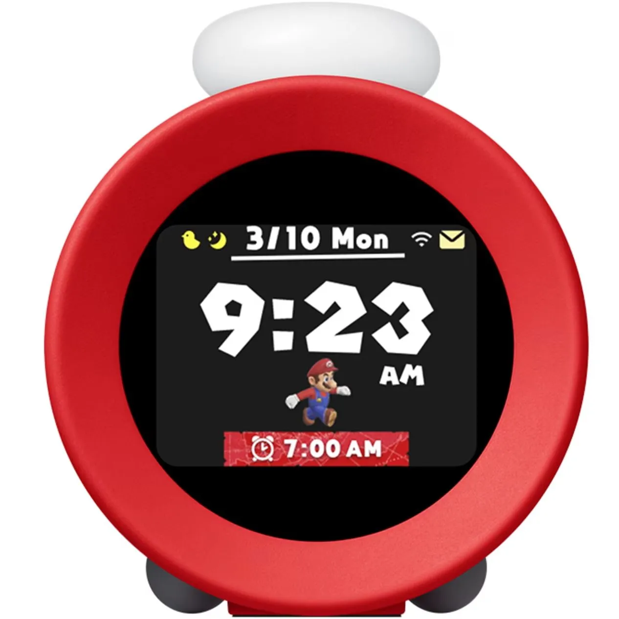 Mặt trước của đồng hồ báo thức Nintendo Alarmo với chủ đề Mario.