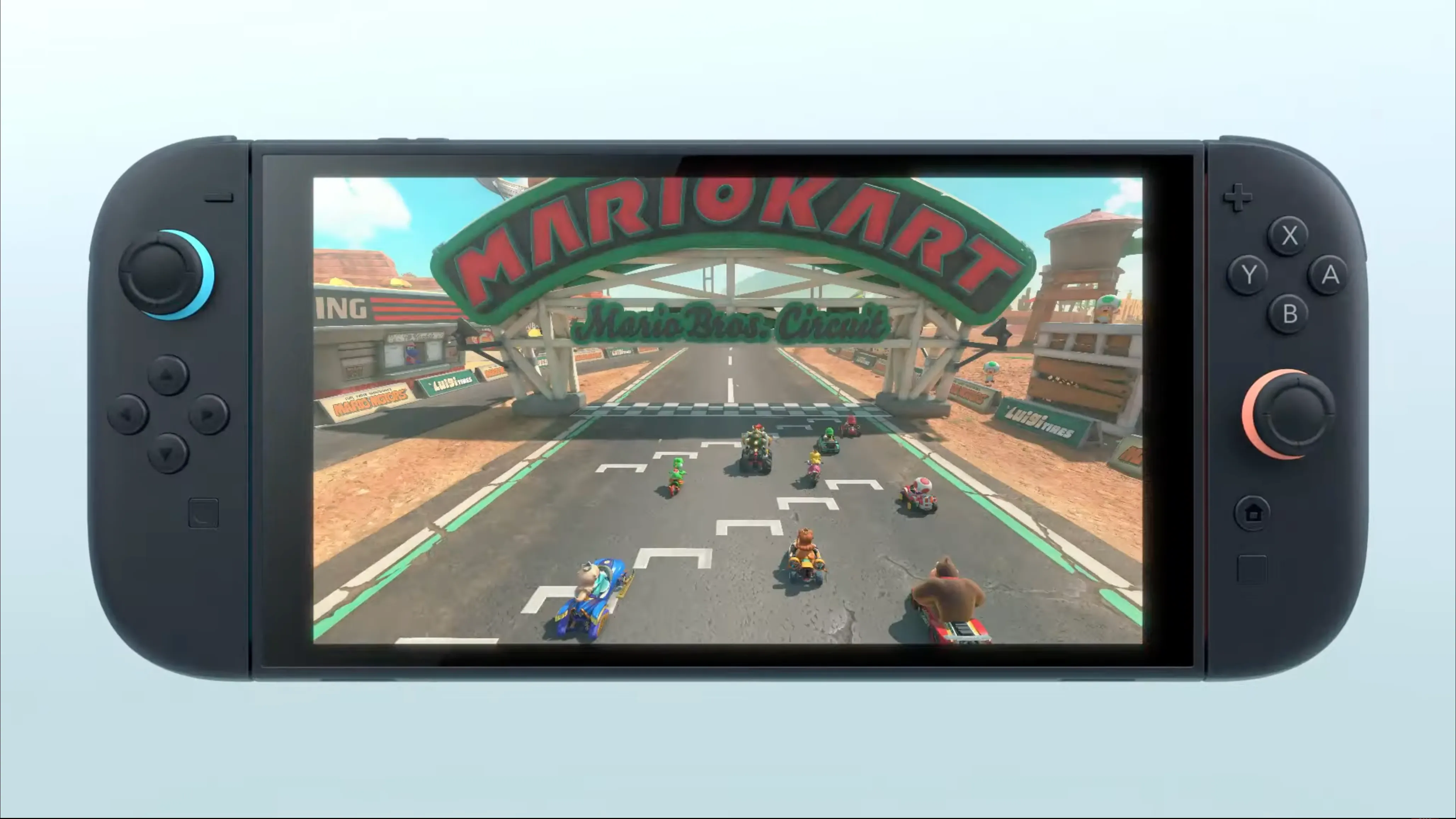 Máy chơi game Nintendo Switch 2 và hình ảnh Mario Kart trên màn hình.
