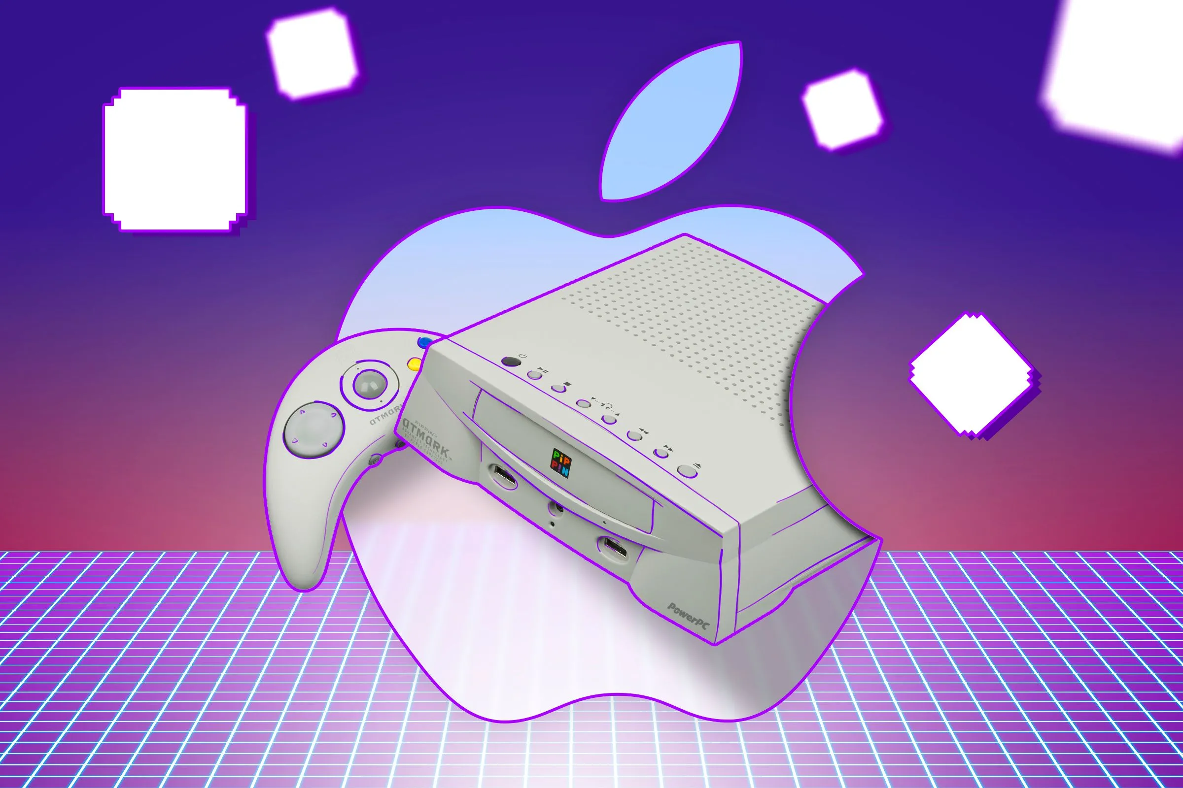 Máy console Apple Pippin với bối cảnh game retro, minh họa cho thất bại của Apple trong ngành console gaming