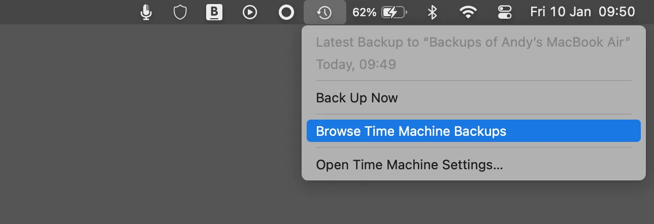 Menu lựa chọn duyệt các bản sao lưu Time Machine