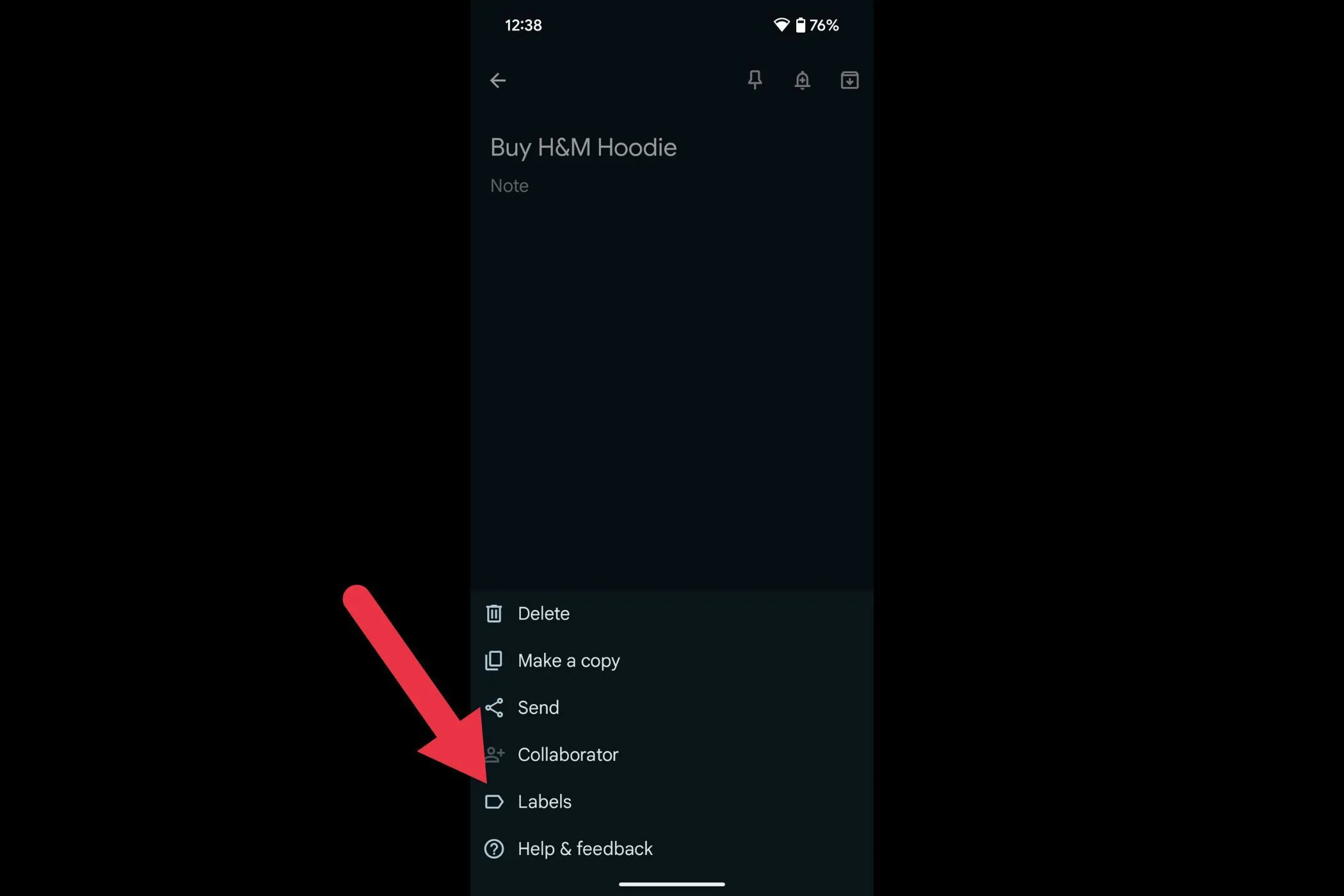 Menu tùy chọn &quot;Nhãn&quot; để phân loại ghi chú trong Google Keep