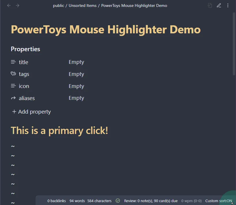 Minh họa tính năng Mouse Highlighter của PowerToys tạo hiệu ứng nổi bật khi nhấp chuột