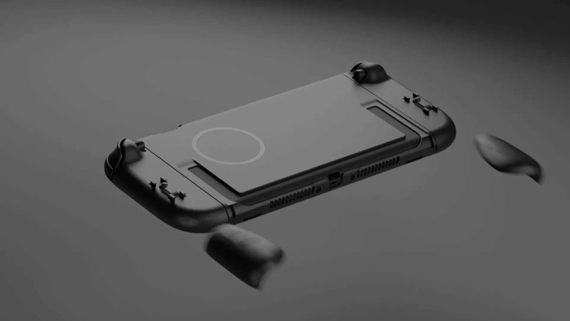 Mô hình mặt lưng Nintendo Switch 2 của Genki, cho thấy ốp lưng với tay cầm đang được tháo và gợi ý về khả năng sạc không dây Qi2.