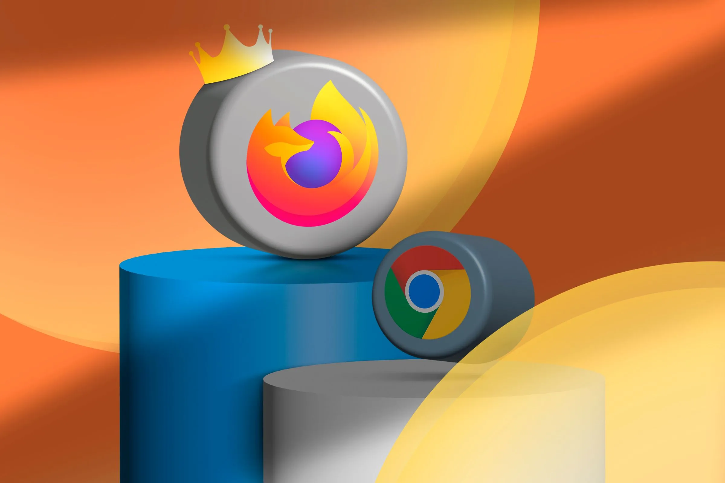 Một bục với biểu tượng Firefox và Chrome, trong đó Firefox đội vương miện, tượng trưng cho sự vượt trội của Firefox trong chế độ PiP.