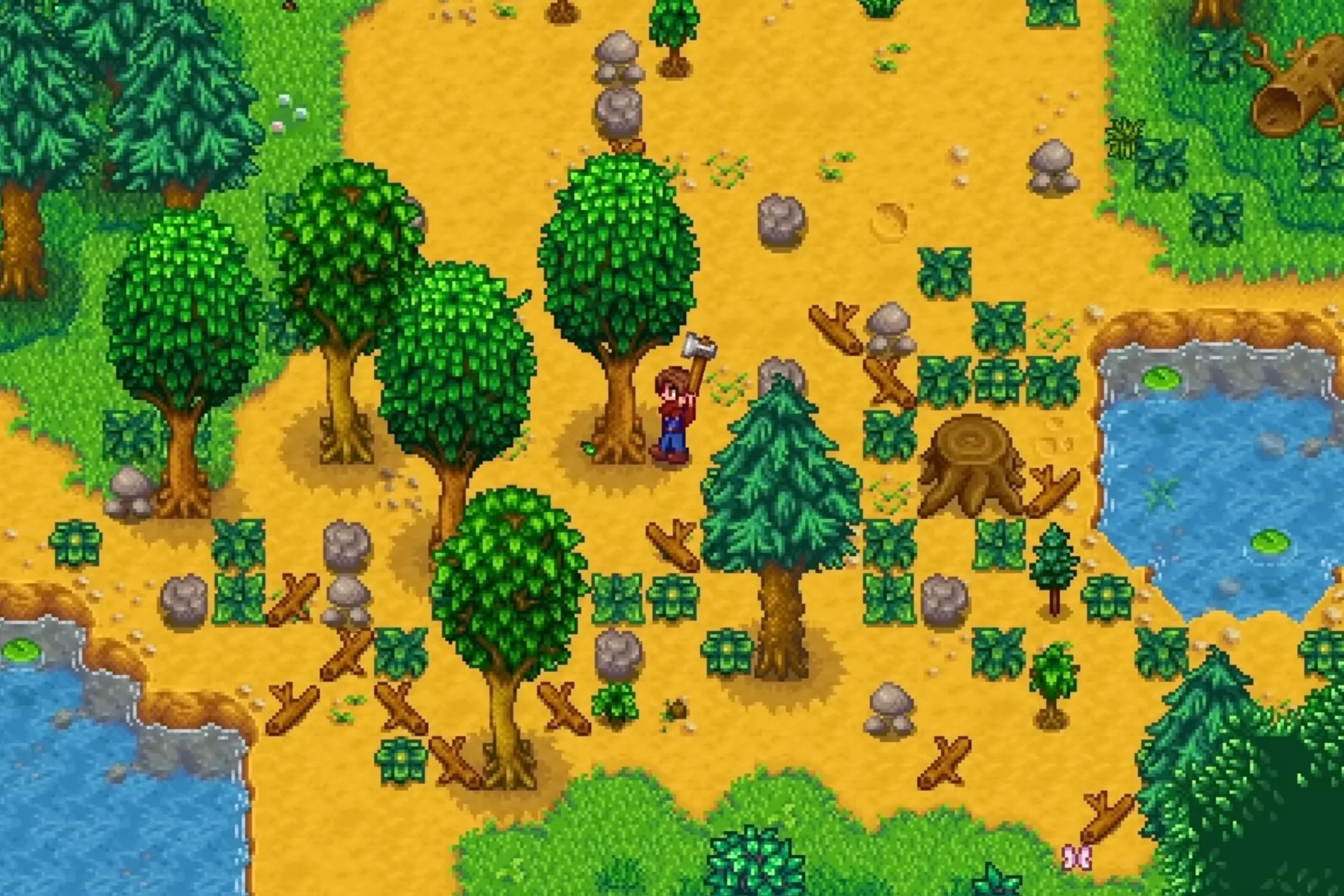 Một cảnh trong game Stardew Valley, thể hiện các hoạt động hàng ngày giống như công việc nhà thực tế.