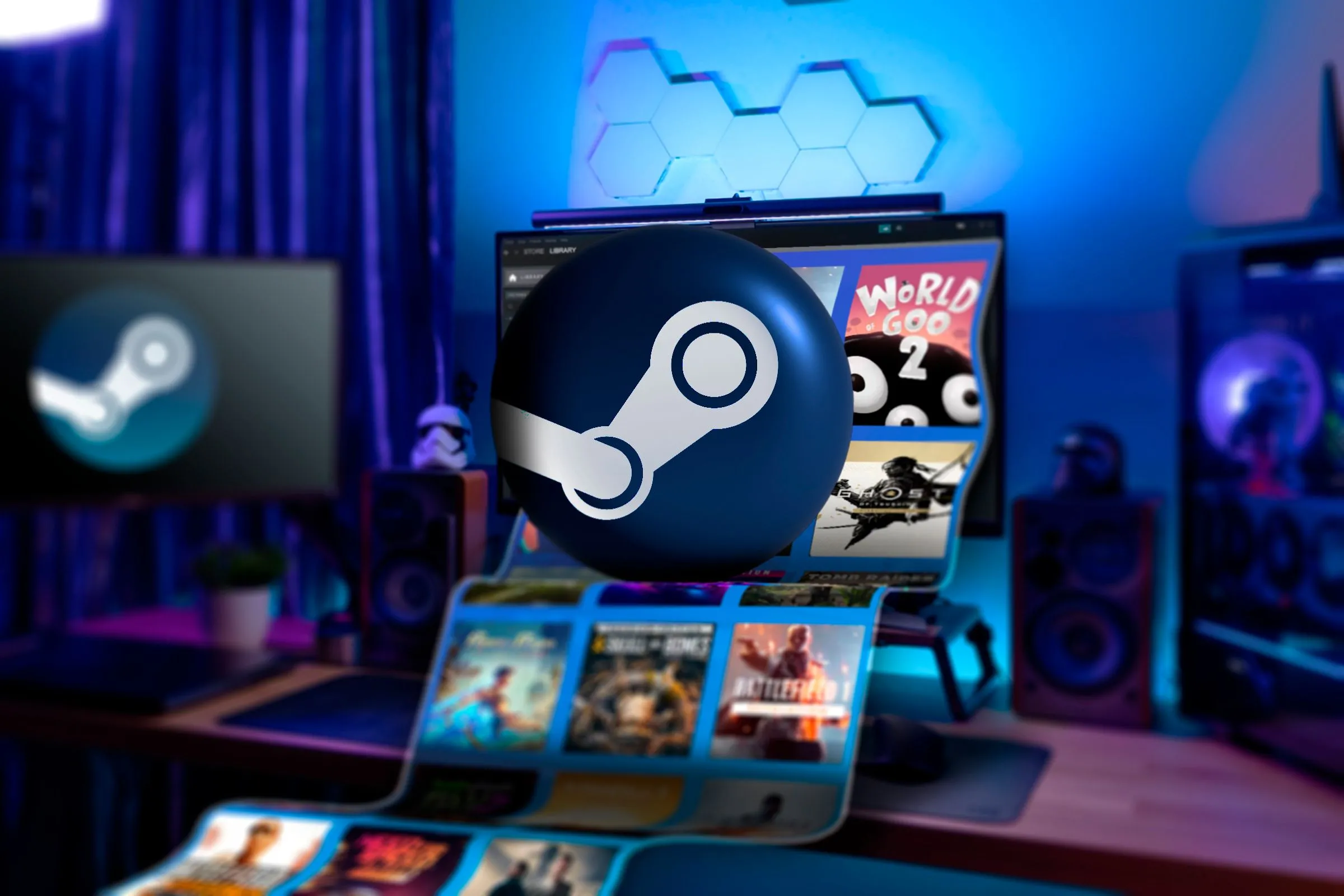 Một chiếc PC gaming với nhiều game Steam và logo Steam ở trung tâm.