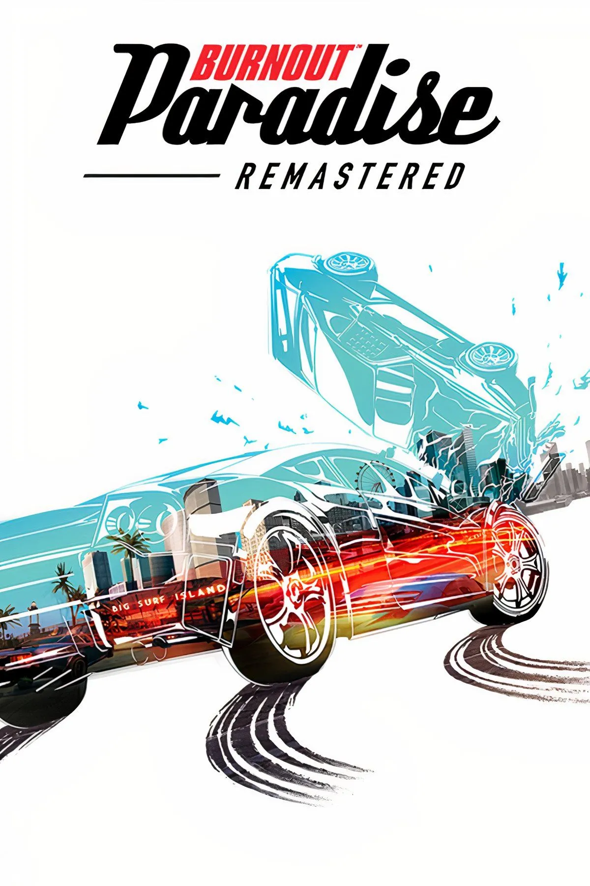 Một chiếc xe thể thao đang lao qua khung cảnh đô thị trong Burnout Paradise Remastered với hiệu ứng tốc độ và ánh sáng rực rỡ