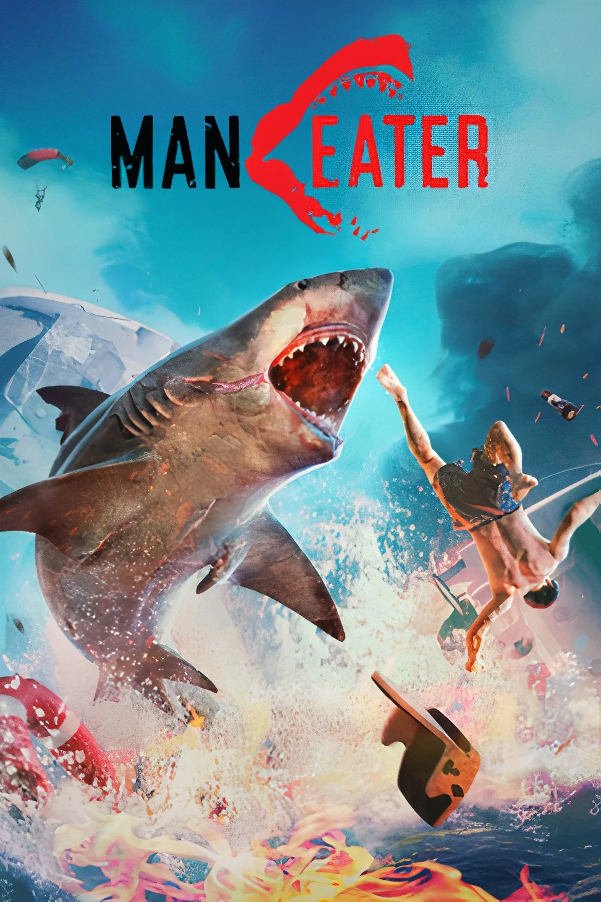 Một con cá mập khổng lồ đang bơi lội trong vùng nước nhiệt đới của game Maneater, sẵn sàng săn mồi và khám phá đại dương.