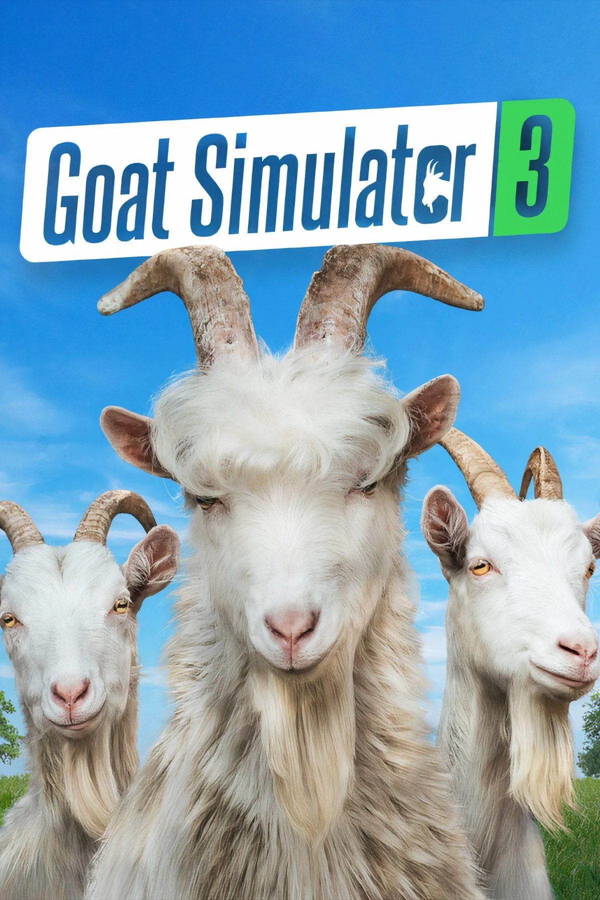 Một con dê màu xanh lá cây đang phá hoại trong một thành phố nhộn nhịp của Goat Simulator 3, với hiệu ứng nổ và các vật thể bay lượn hỗn loạn