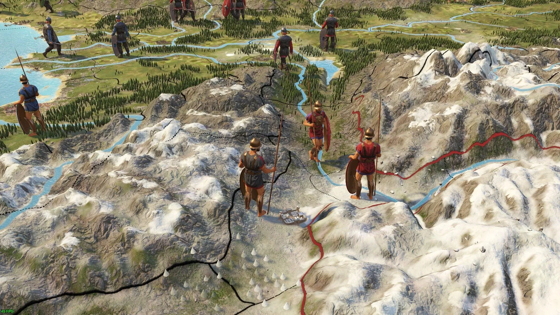 Một đặc vụ đang tiếp cận đặc vụ khác trên đỉnh đồi trong Imperator Rome, thể hiện yếu tố chính trị và gián điệp trong game chiến lược La Mã.