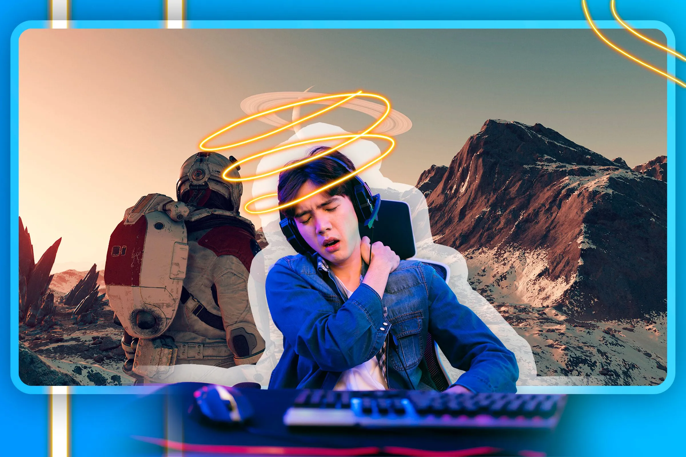 Một game thủ với vẻ mặt mệt mỏi, phía sau là khung cảnh trò chơi Starfield, thể hiện sự kiệt sức khi chơi game.