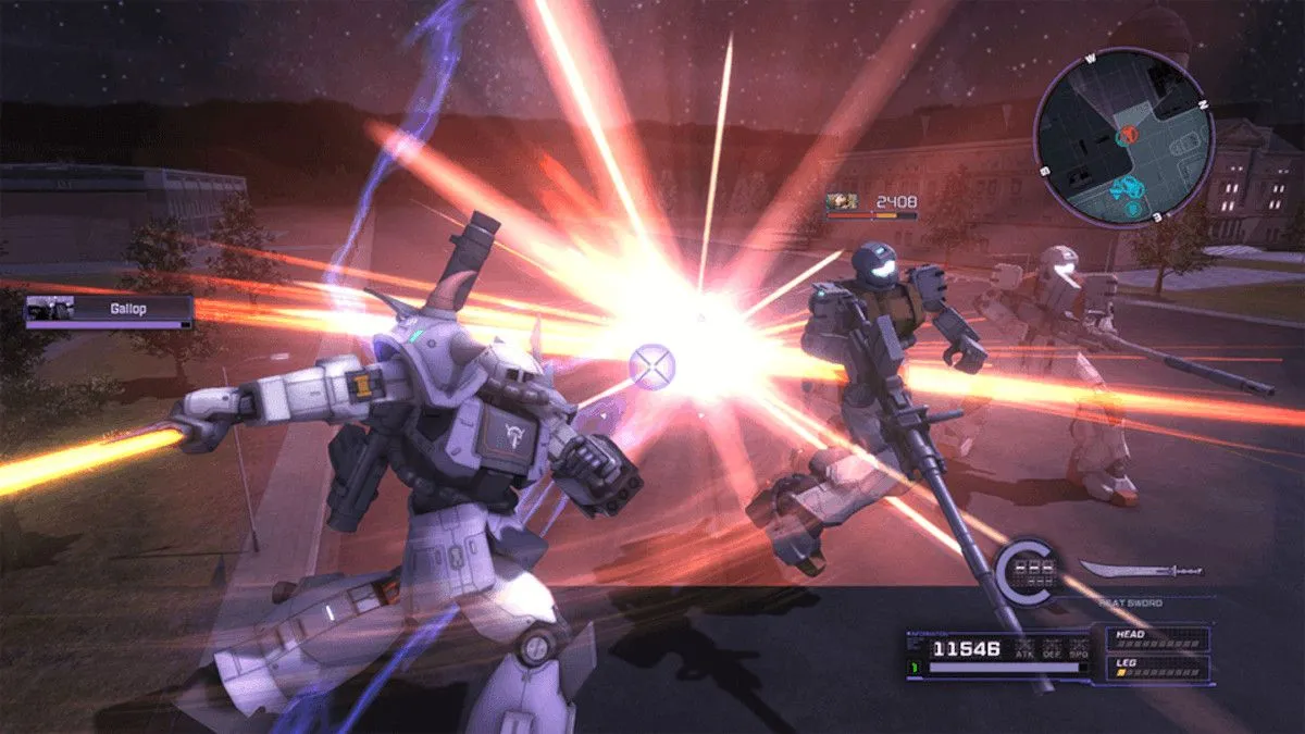 Một Mobile Suit Zaku chiến đấu với GM trong Mobile Suit Gundam Battle Operation Code Fairy, minh họa game bắn súng góc nhìn thứ ba spin-off chơi đơn.