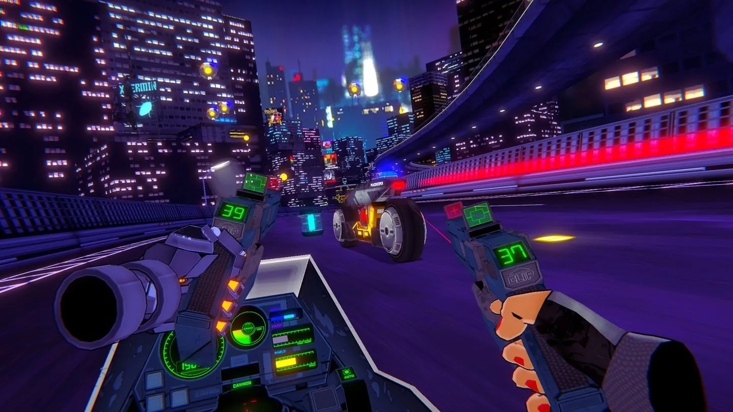 Một người lái mô tô bắn súng vào một người lái mô tô khác trong tựa game VR RUNNER, với phong cách đồ họa cyberpunk neon.