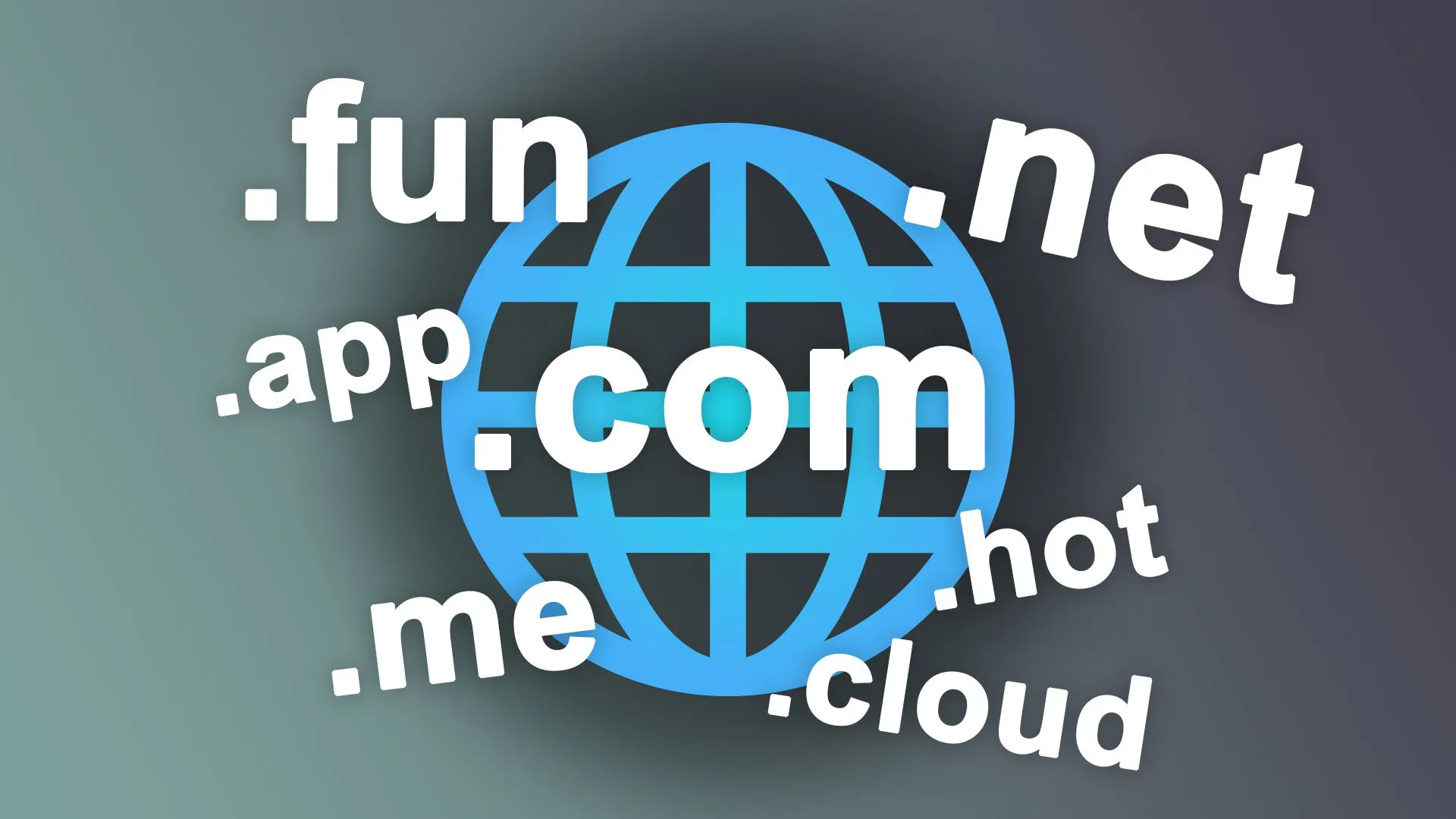 Một quả địa cầu màu xanh được bao quanh bởi các đuôi tên miền phổ biến như .com, .net, .fun và .cloud
