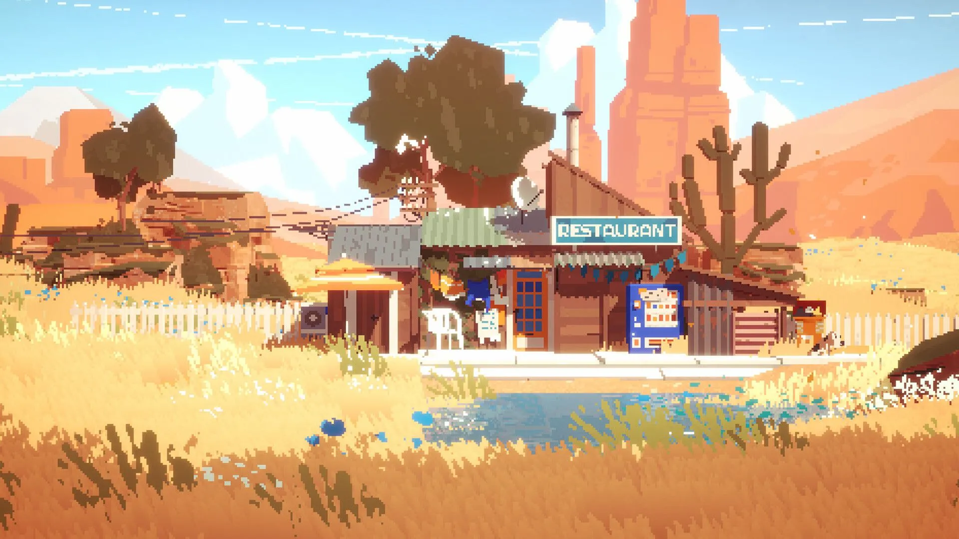 Ngôi nhà nhỏ nằm giữa khung cảnh thiên nhiên tuyệt đẹp trong game xây dựng SUMMERHOUSE, nơi người chơi tự do thể hiện phong cách kiến trúc của mình.