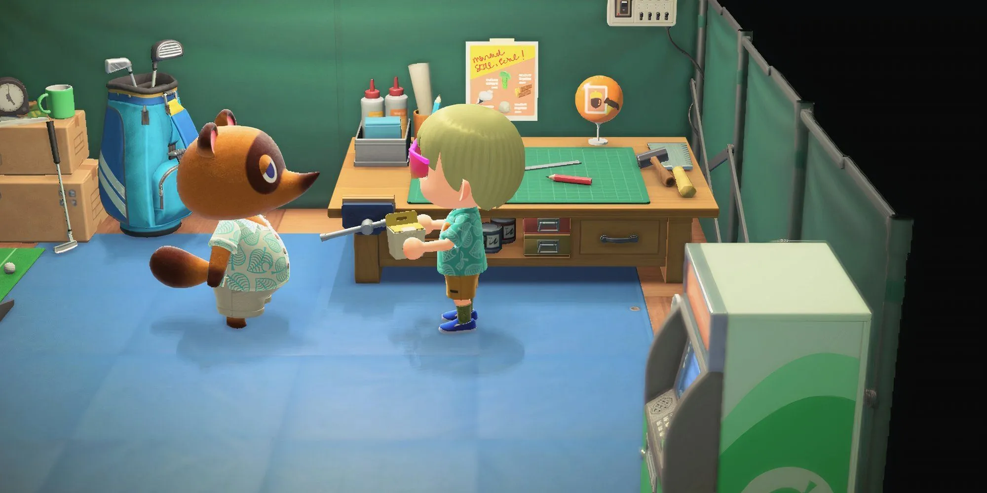 Người chơi trò chuyện với Tom Nook, nhân vật biểu tượng trong Animal Crossing: New Horizons, tại văn phòng dịch vụ cộng đồng.