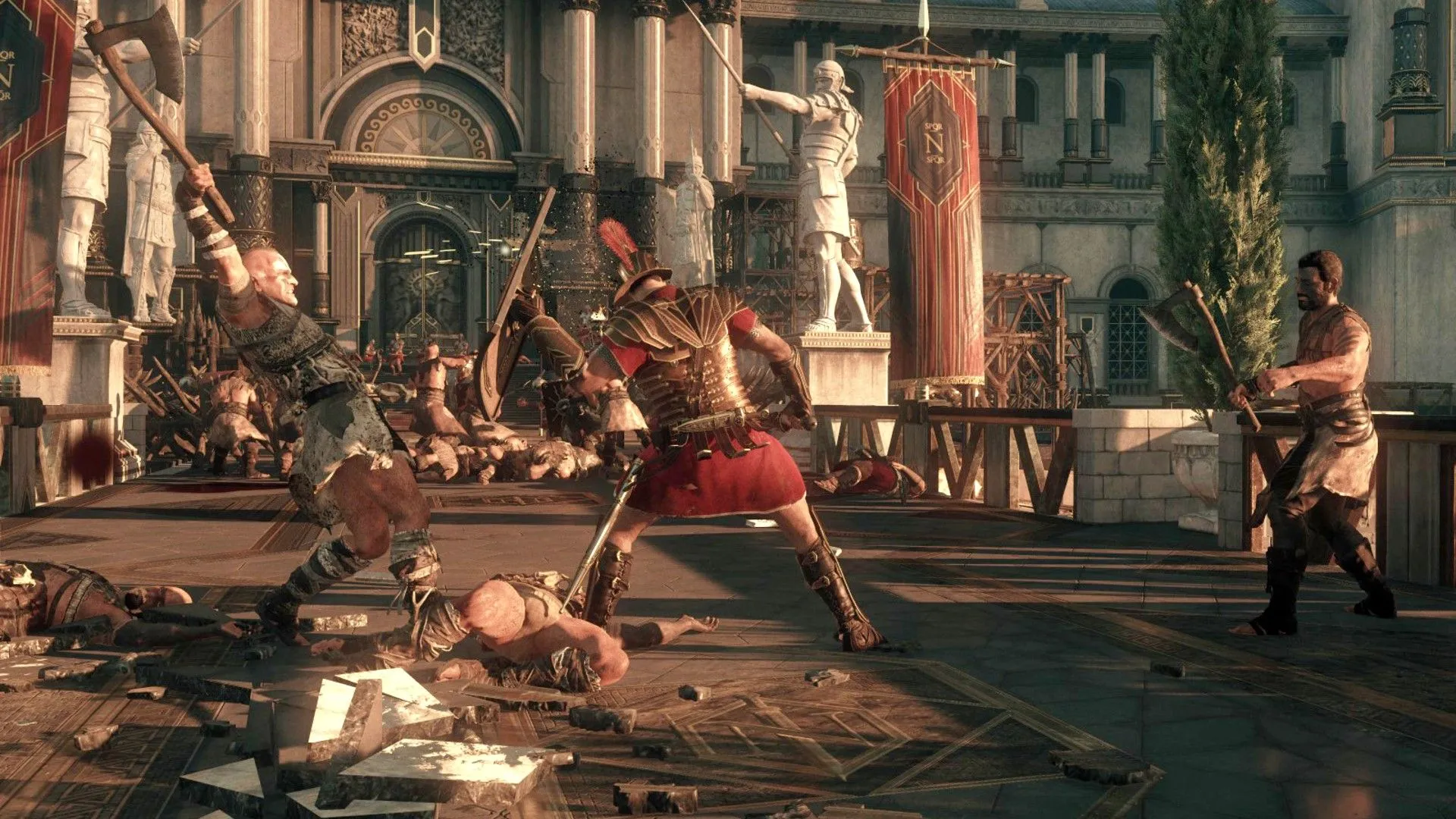 Người chơi trong vai Marius đang đỡ đòn tấn công của kẻ thù trong Ryse Son of Rome, thể hiện đồ họa ấn tượng và cơ chế chiến đấu chặt chẽ của game La Mã này.