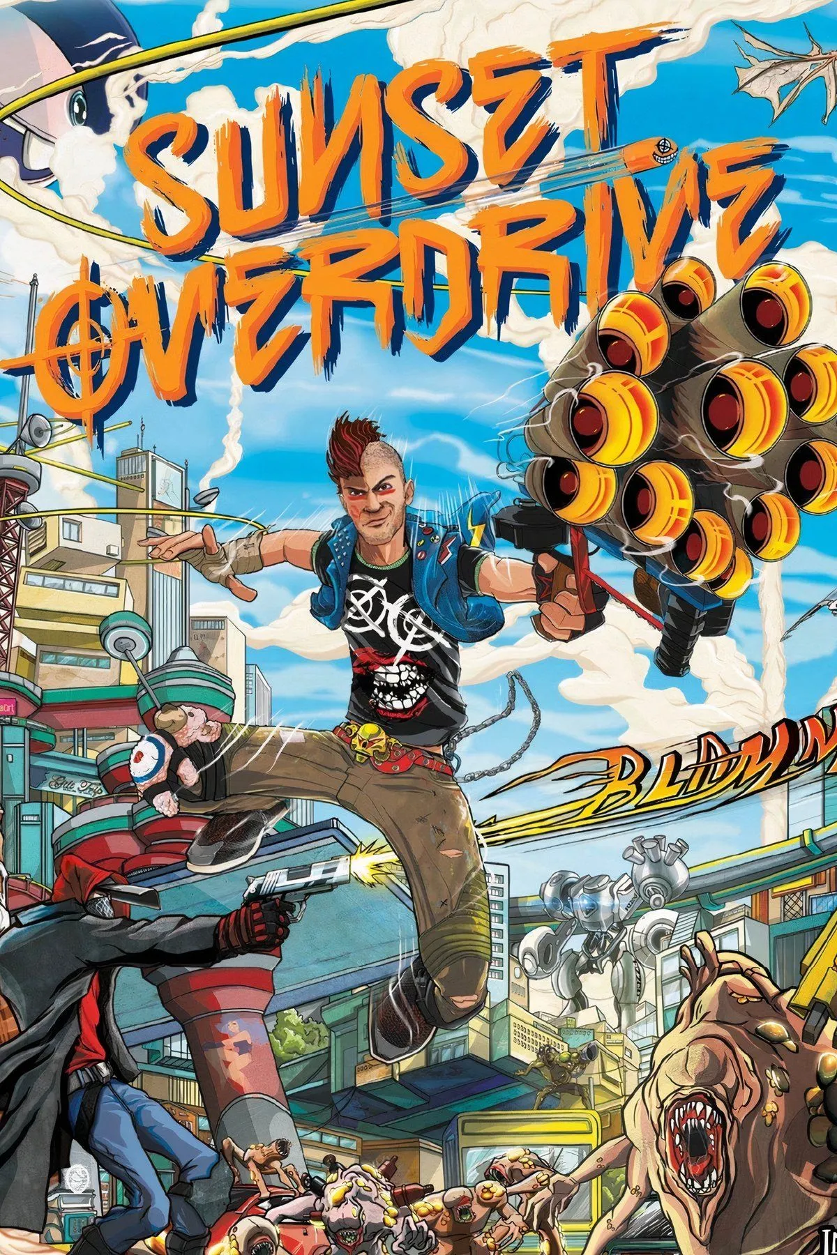 Nhân vật trong Sunset Overdrive đang thực hiện động tác trượt trên dây điện trong một thành phố đầy màu sắc, chiến đấu với quái vật và tạo nên trải nghiệm game hành động sôi động.