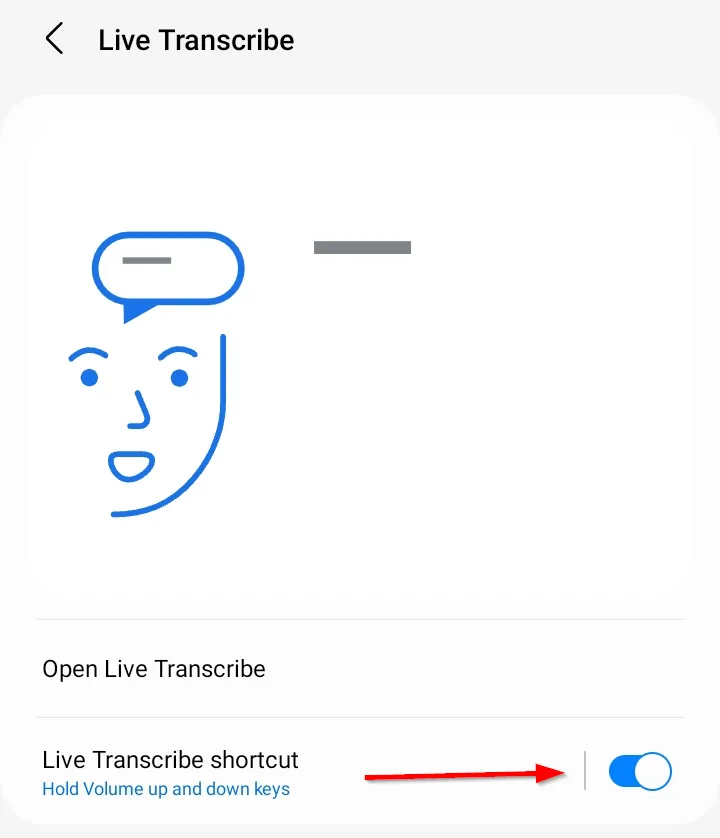 Nút bật tắt Lối tắt Live Transcribe để kích hoạt phím tắt truy cập nhanh