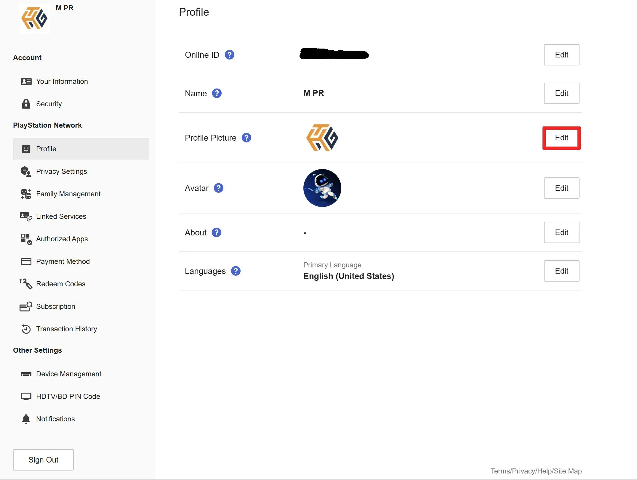 Nút chỉnh sửa ảnh đại diện trên trang hồ sơ tài khoản PSN website