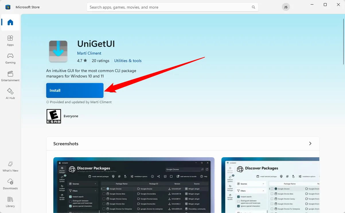 Nút &quot;Install&quot; (Cài đặt) trên trang UniGetUI trong Microsoft Store, hướng dẫn người dùng tải xuống và cài đặt phần mềm.