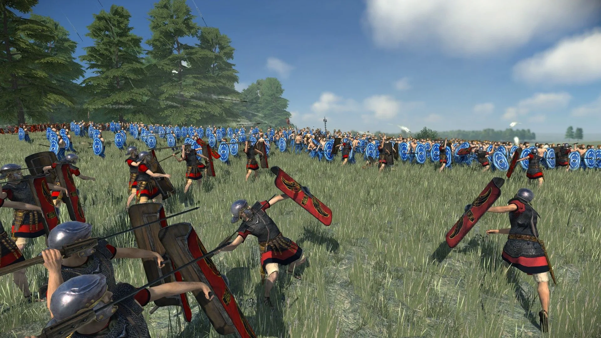 Quân đội La Mã giao chiến với đạo quân đối thủ trong Total War Rome Remastered, thể hiện quy mô và tính chiến thuật của các trận chiến lớn trong game chiến lược huyền thoại.