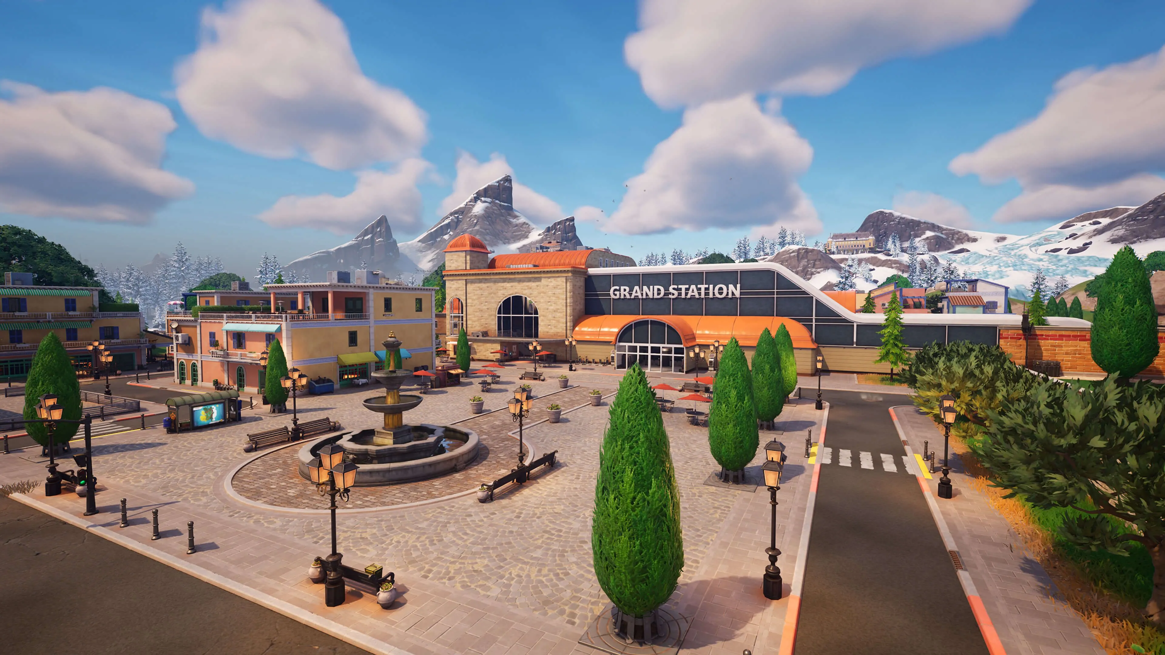 Quang cảnh thành phố Grand Station trong game Fortnite với cây cối, tòa nhà và đường ray xe lửa