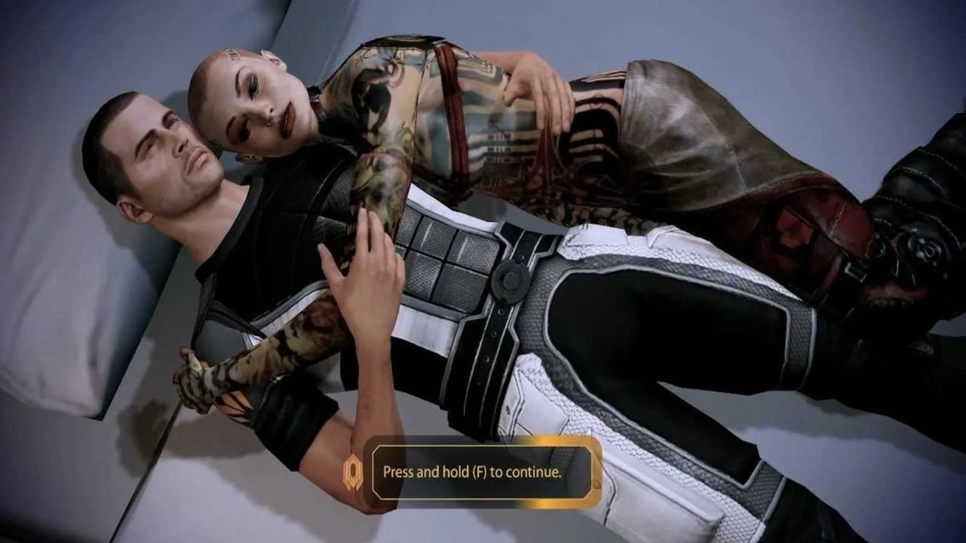 Shepard và Jack thân mật trong Mass Effect 2, thể hiện sự bộc lộ cảm xúc sâu sắc của nhân vật khi phát triển mối quan hệ.