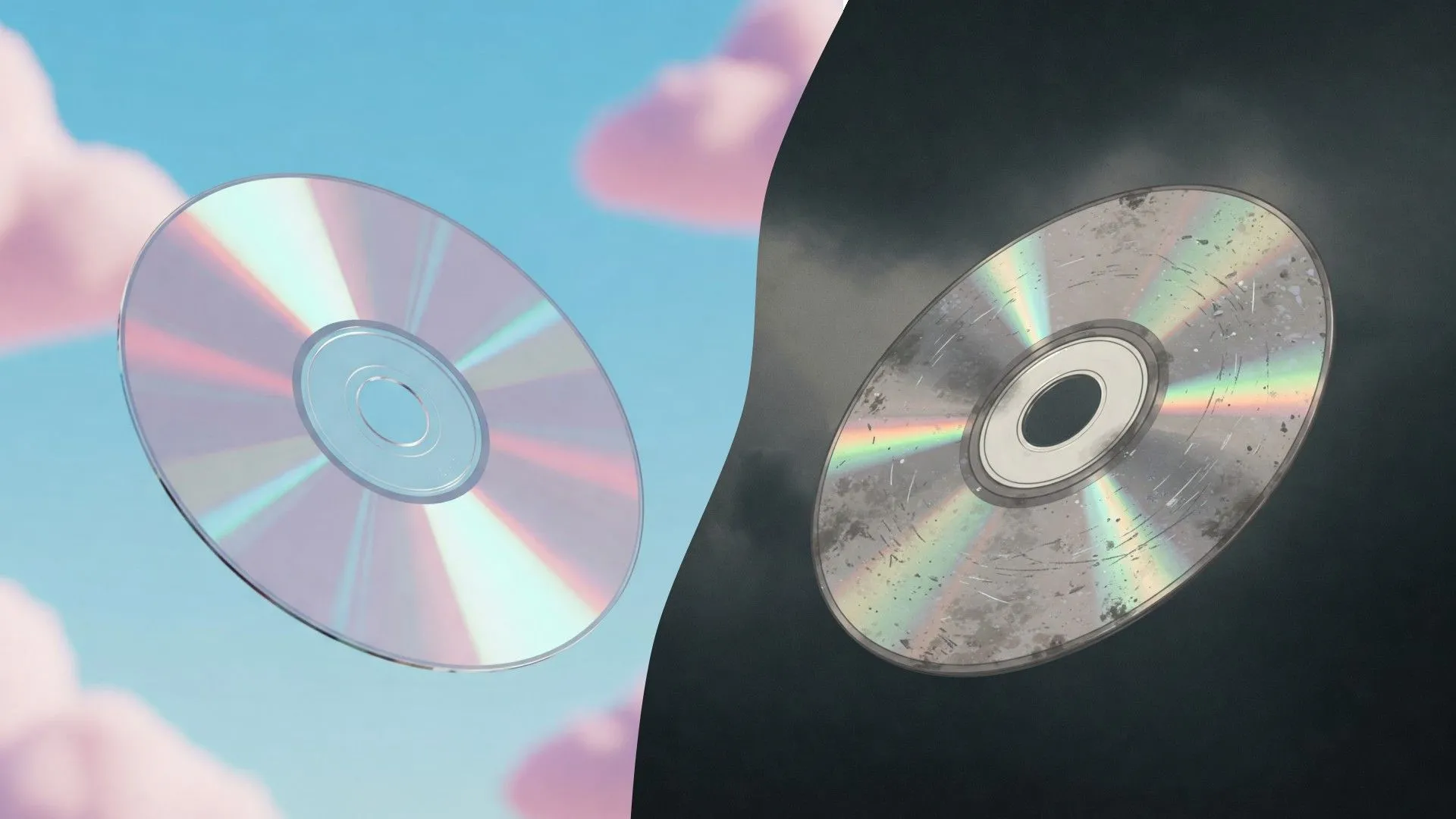 So sánh đĩa CD mới và đĩa CD bị trầy xước, minh họa sự xuống cấp của phương tiện vật lý